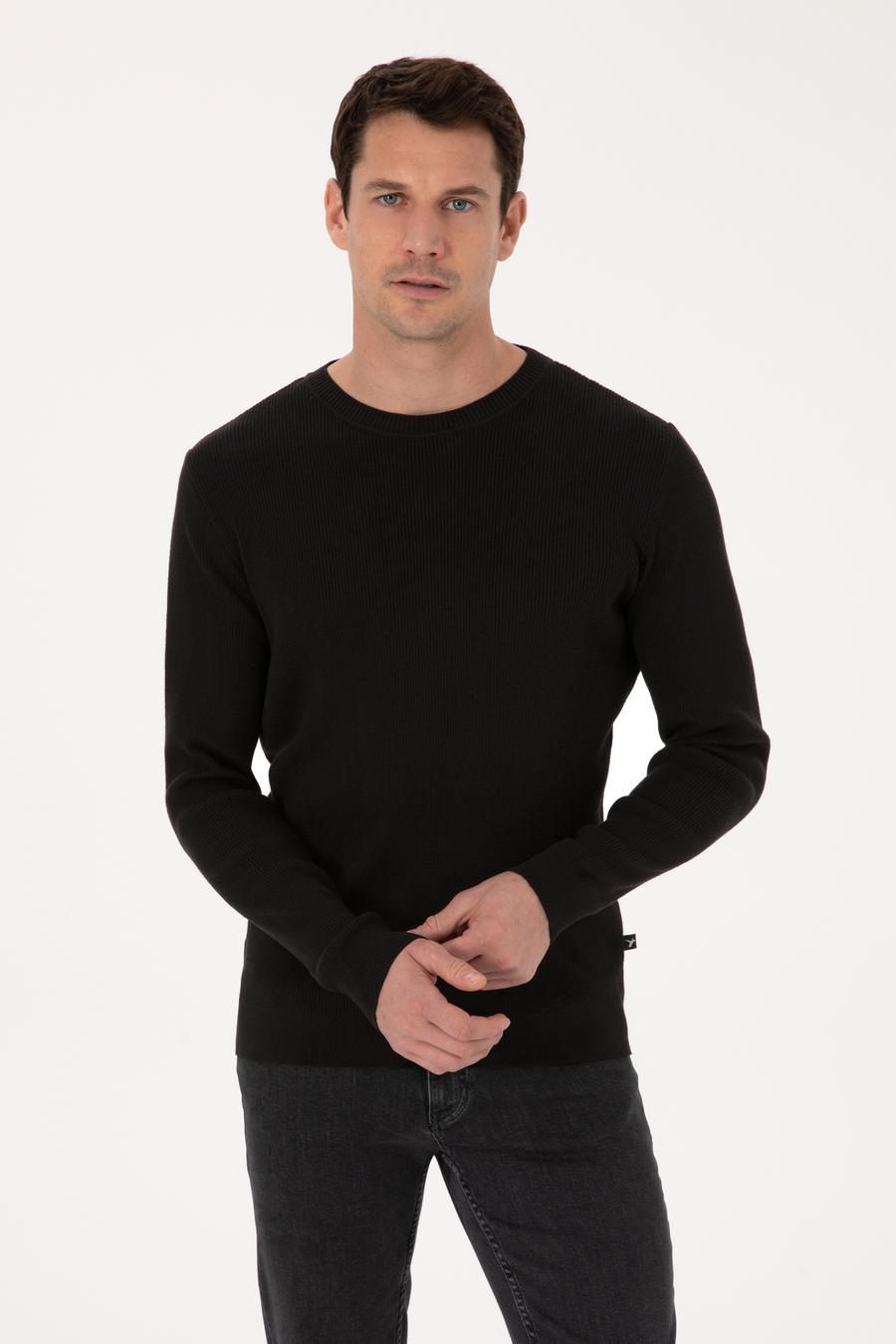 Siyah Slim Fit Pamuk Karışımlı Bisiklet Yaka Selanik Örgü Triko Kazak - 50318976020
