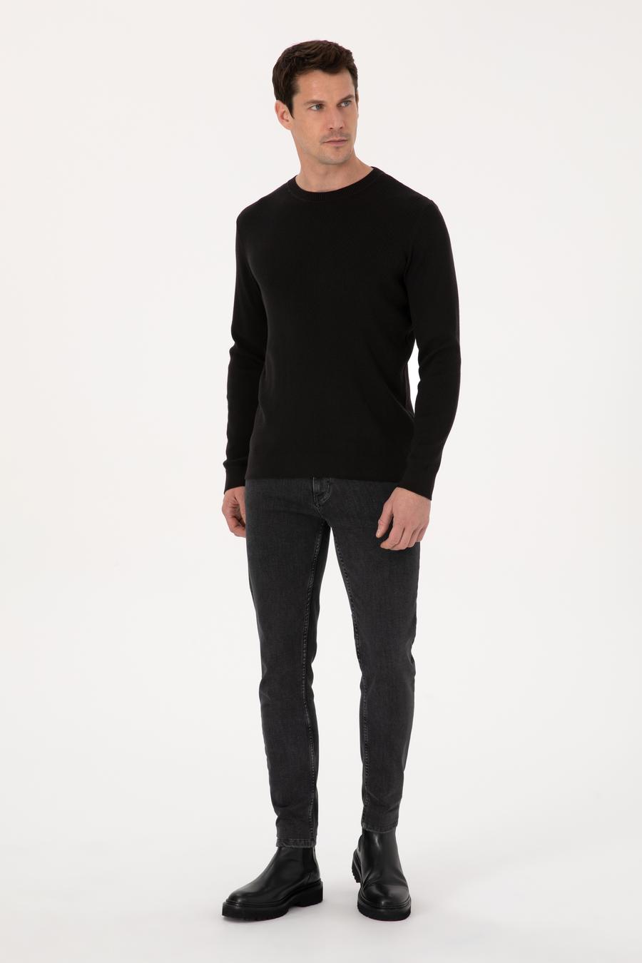 Siyah Slim Fit Pamuk Karışımlı Bisiklet Yaka Selanik Örgü Triko Kazak - 50318976020