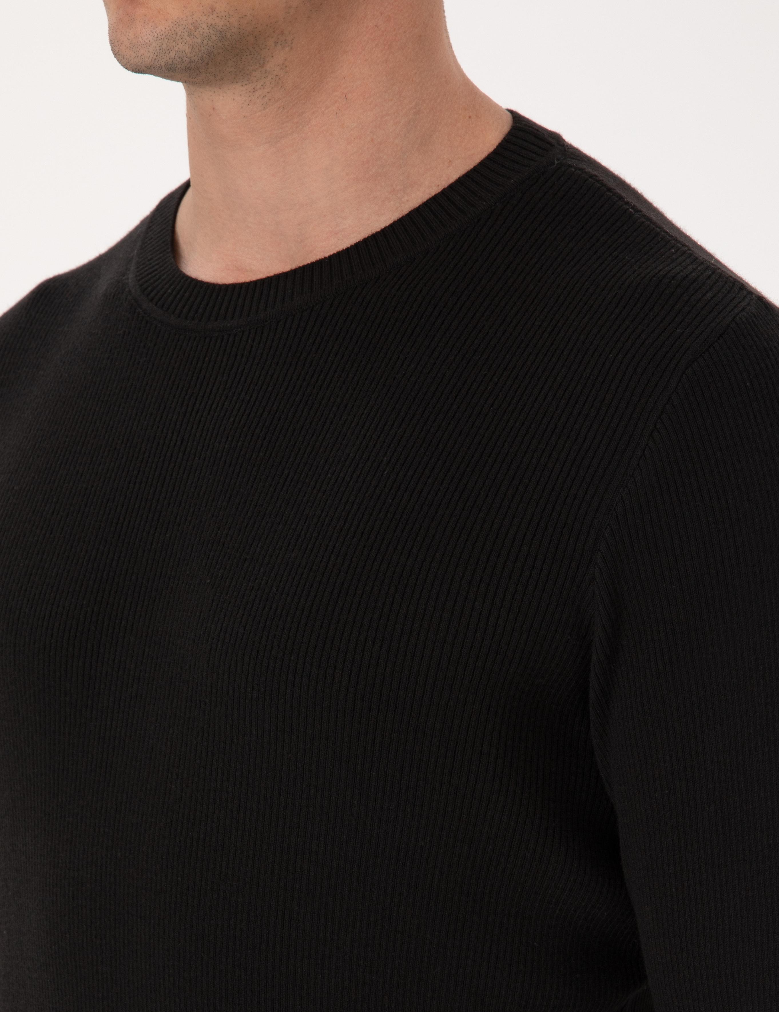 Siyah Slim Fit Pamuk Karışımlı Bisiklet Yaka Selanik Örgü Triko Kazak - 50318976020