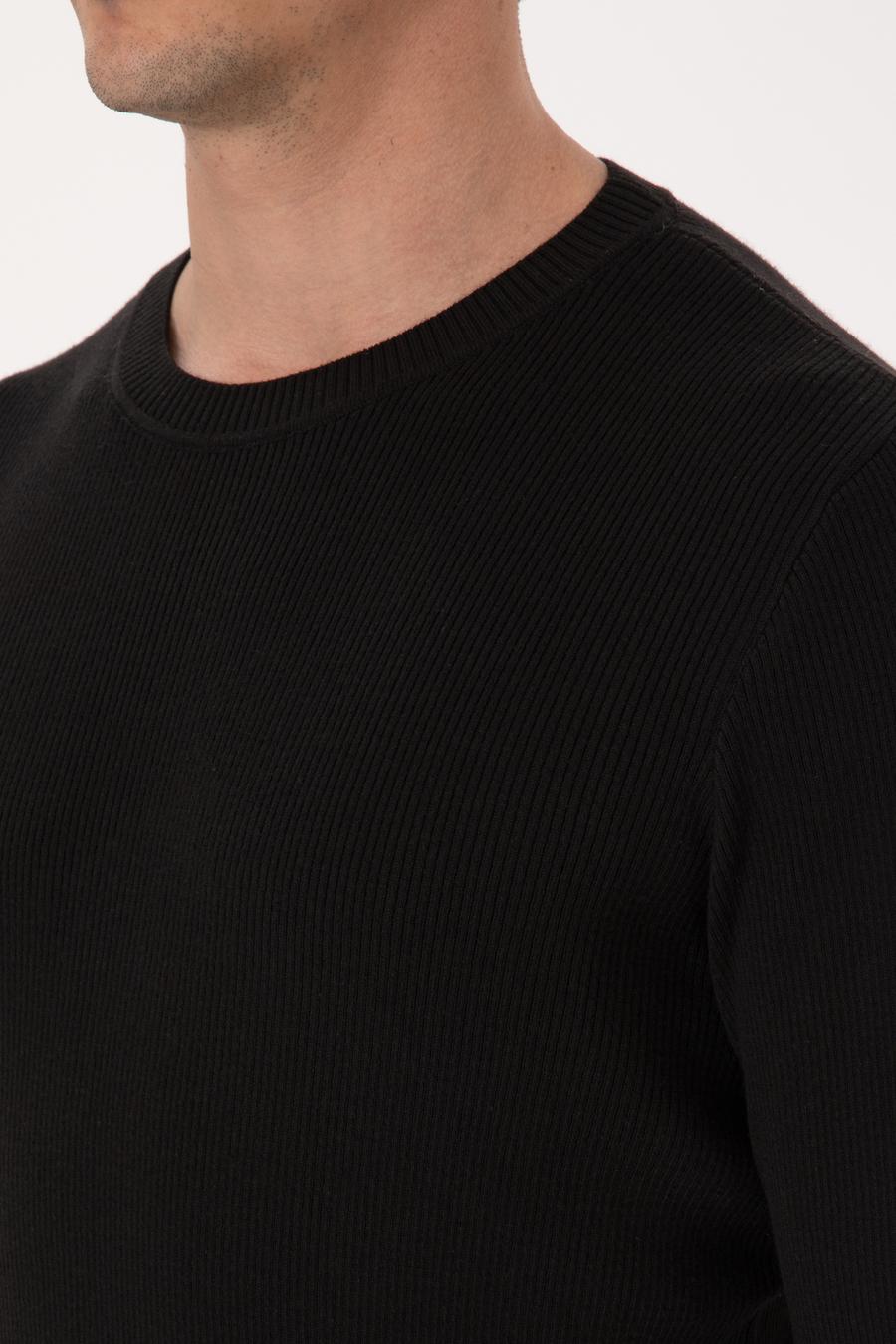 Siyah Slim Fit Pamuk Karışımlı Bisiklet Yaka Selanik Örgü Triko Kazak - 50318976020