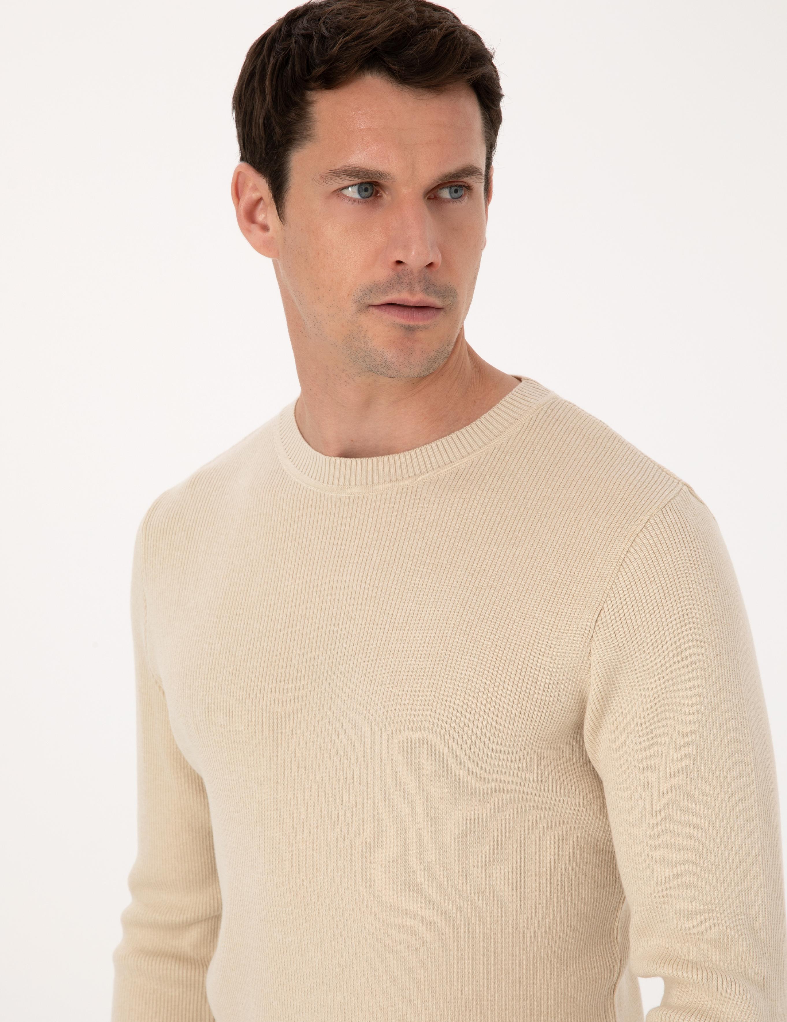 Bej Slim Fit Pamuk Karışımlı Bisiklet Yaka Selanik Örgü Triko Kazak - 50318976036