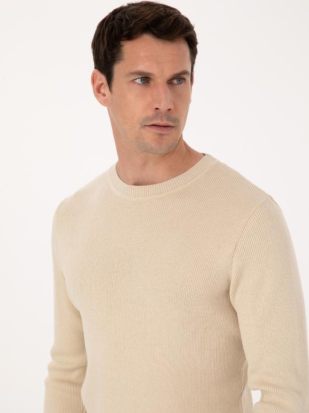 Bej Slim Fit Pamuk Karışımlı Bisiklet Yaka Selanik Örgü Triko Kazak
