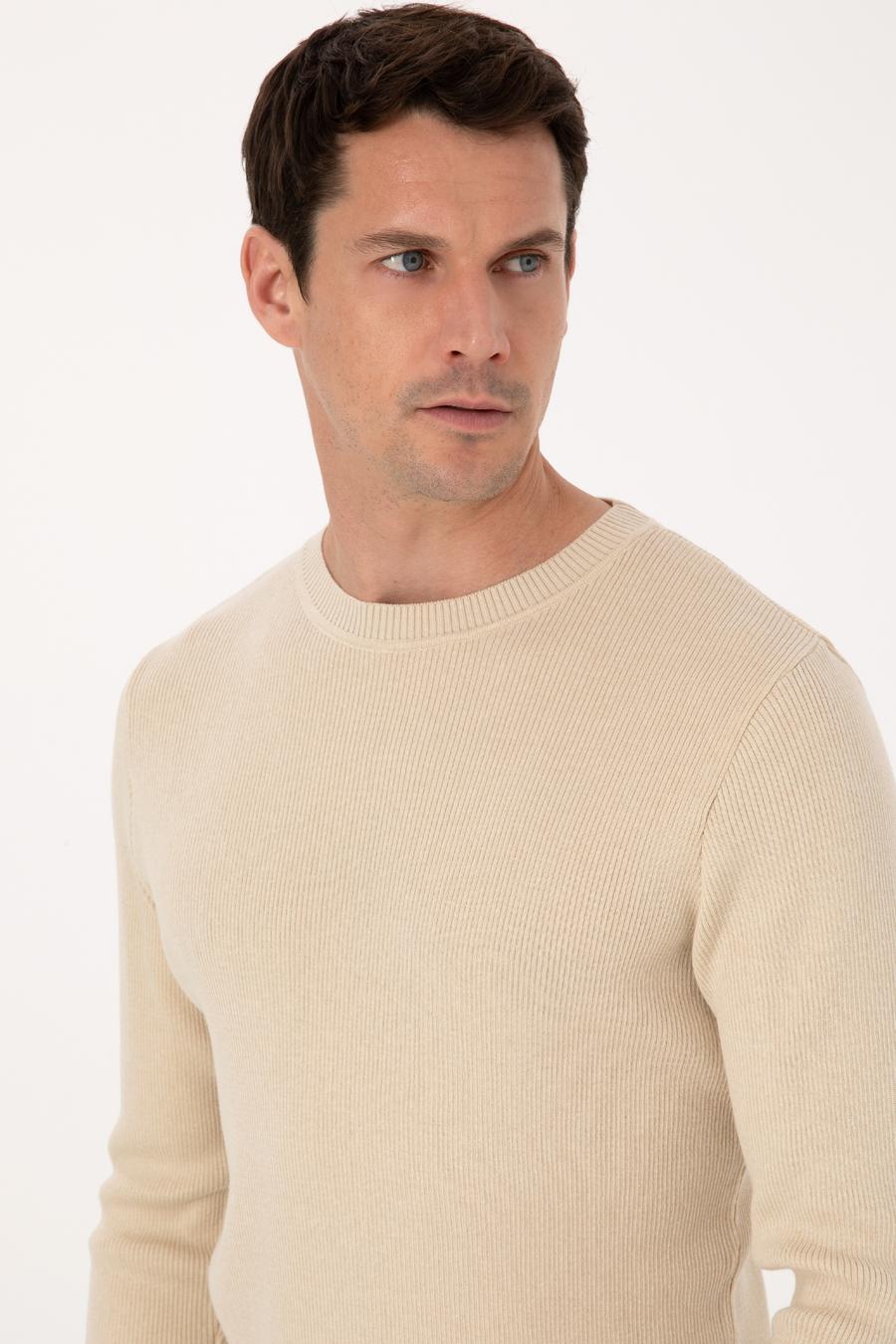Bej Slim Fit Pamuk Karışımlı Bisiklet Yaka Selanik Örgü Triko Kazak - 50318976036