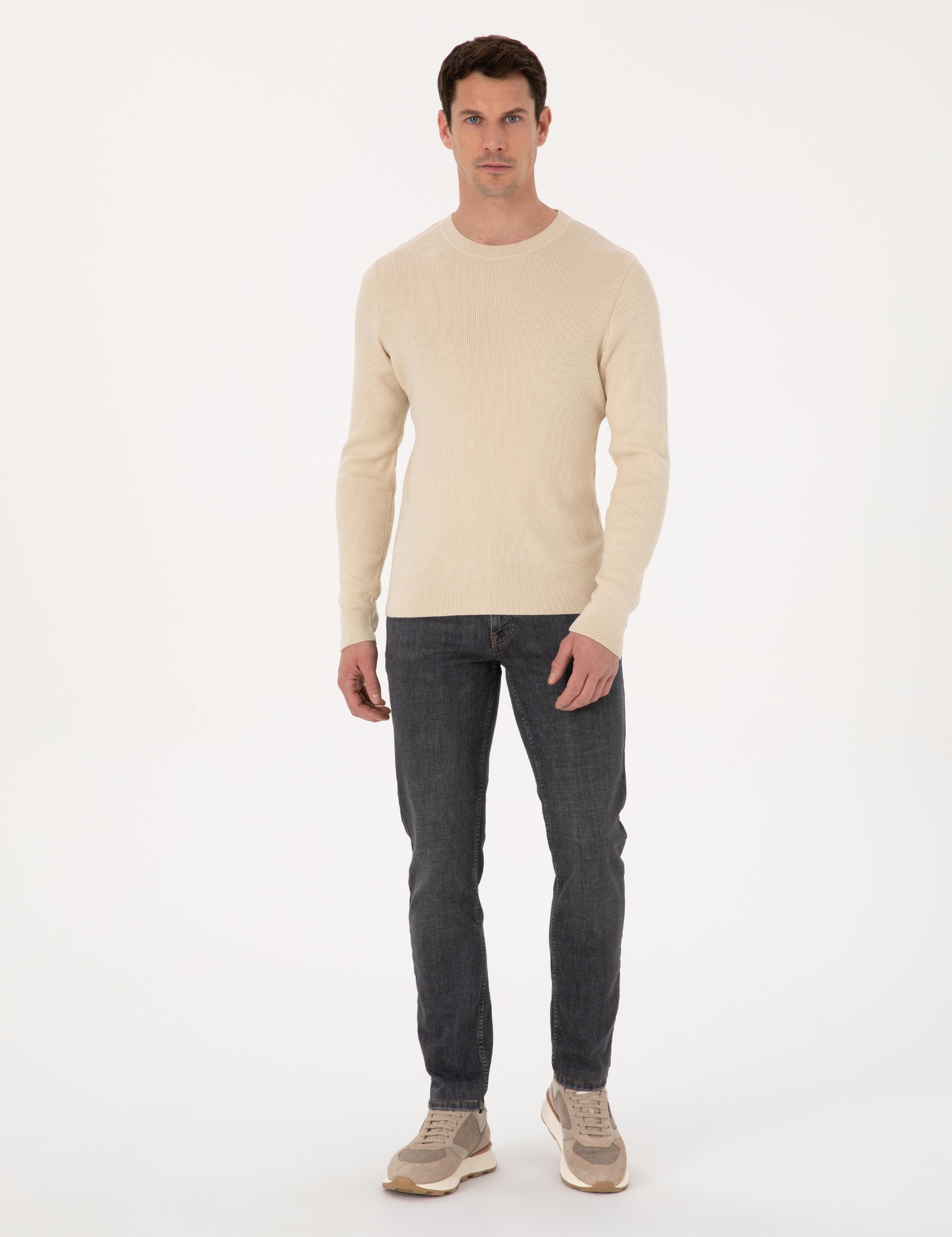 Bej Slim Fit Pamuk Karışımlı Bisiklet Yaka Selanik Örgü Triko Kazak - 50318976036