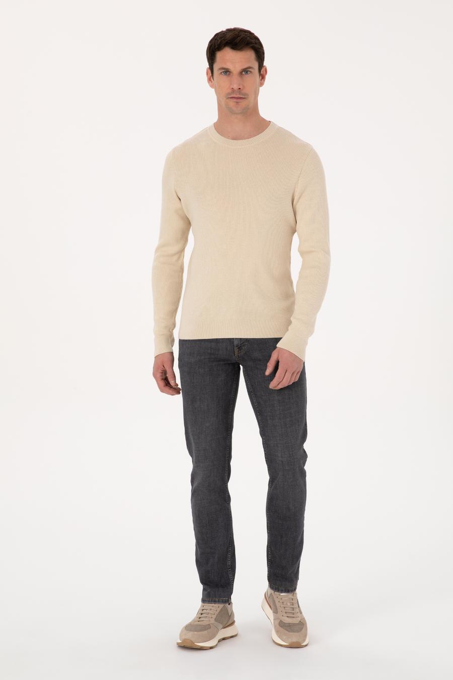 Bej Slim Fit Pamuk Karışımlı Bisiklet Yaka Selanik Örgü Triko Kazak - 50318976036