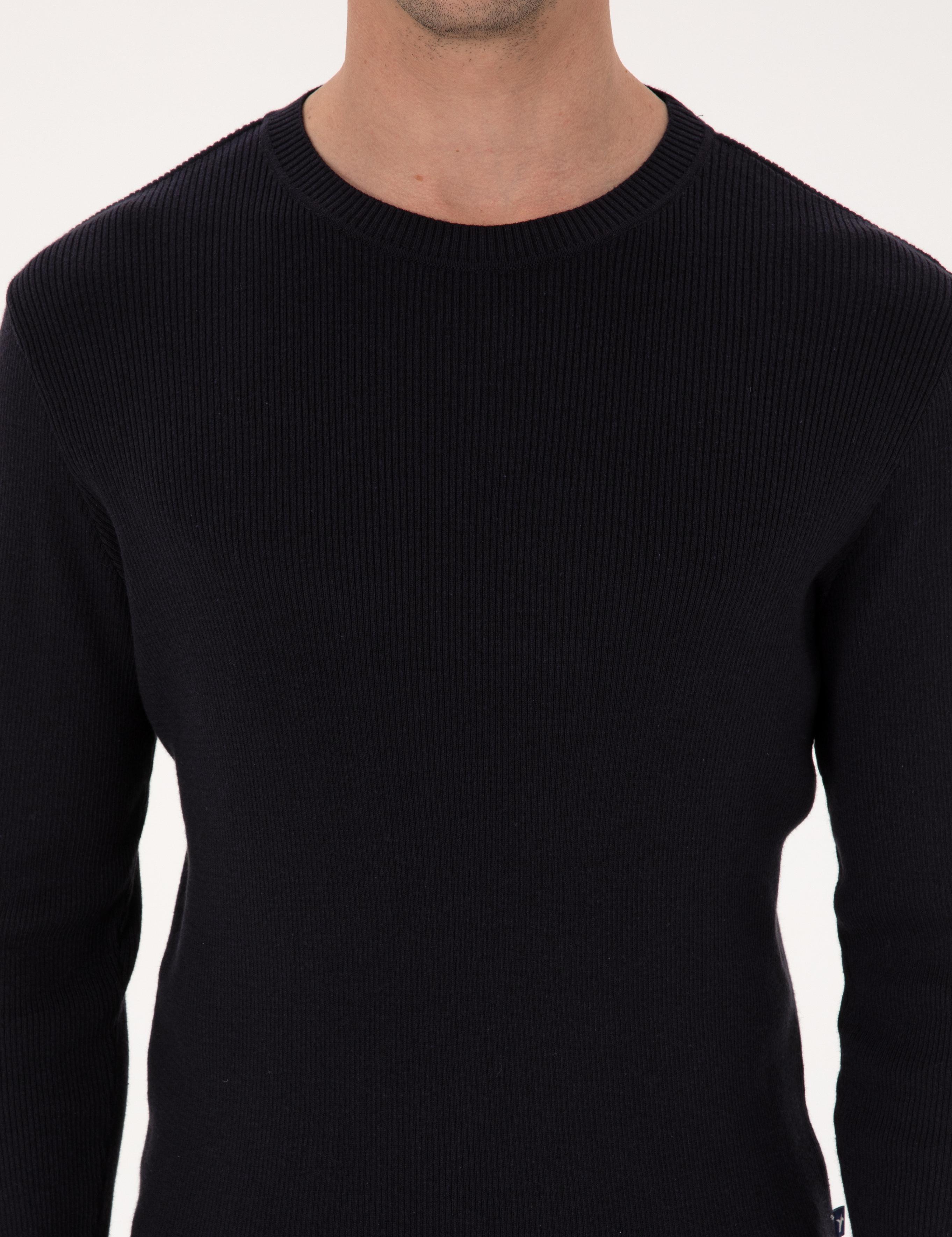 Lacivert Slim Fit Pamuk Karışımlı Bisiklet Yaka Selanik Örgü Triko Kazak - 50318976014