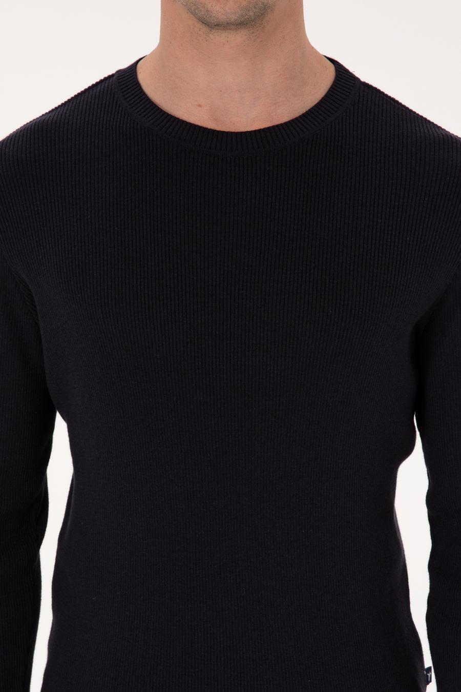 Lacivert Slim Fit Pamuk Karışımlı Bisiklet Yaka Selanik Örgü Triko Kazak - 50318976014