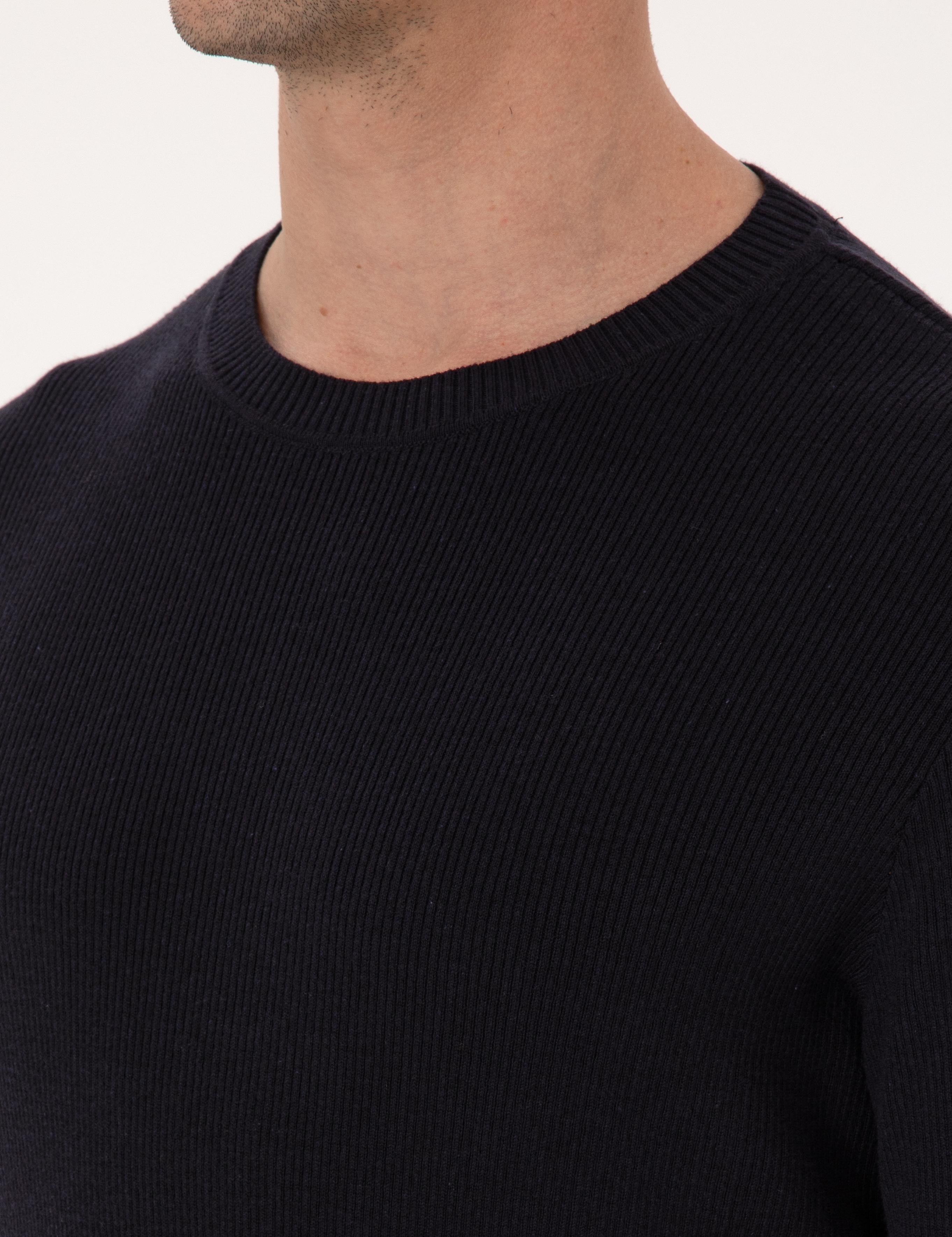 Lacivert Slim Fit Pamuk Karışımlı Bisiklet Yaka Selanik Örgü Triko Kazak - 50318976014