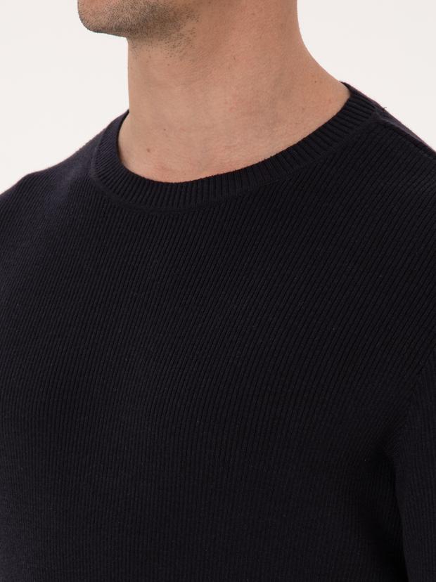 Lacivert Slim Fit Pamuk Karışımlı Bisiklet Yaka Selanik Örgü Triko Kazak