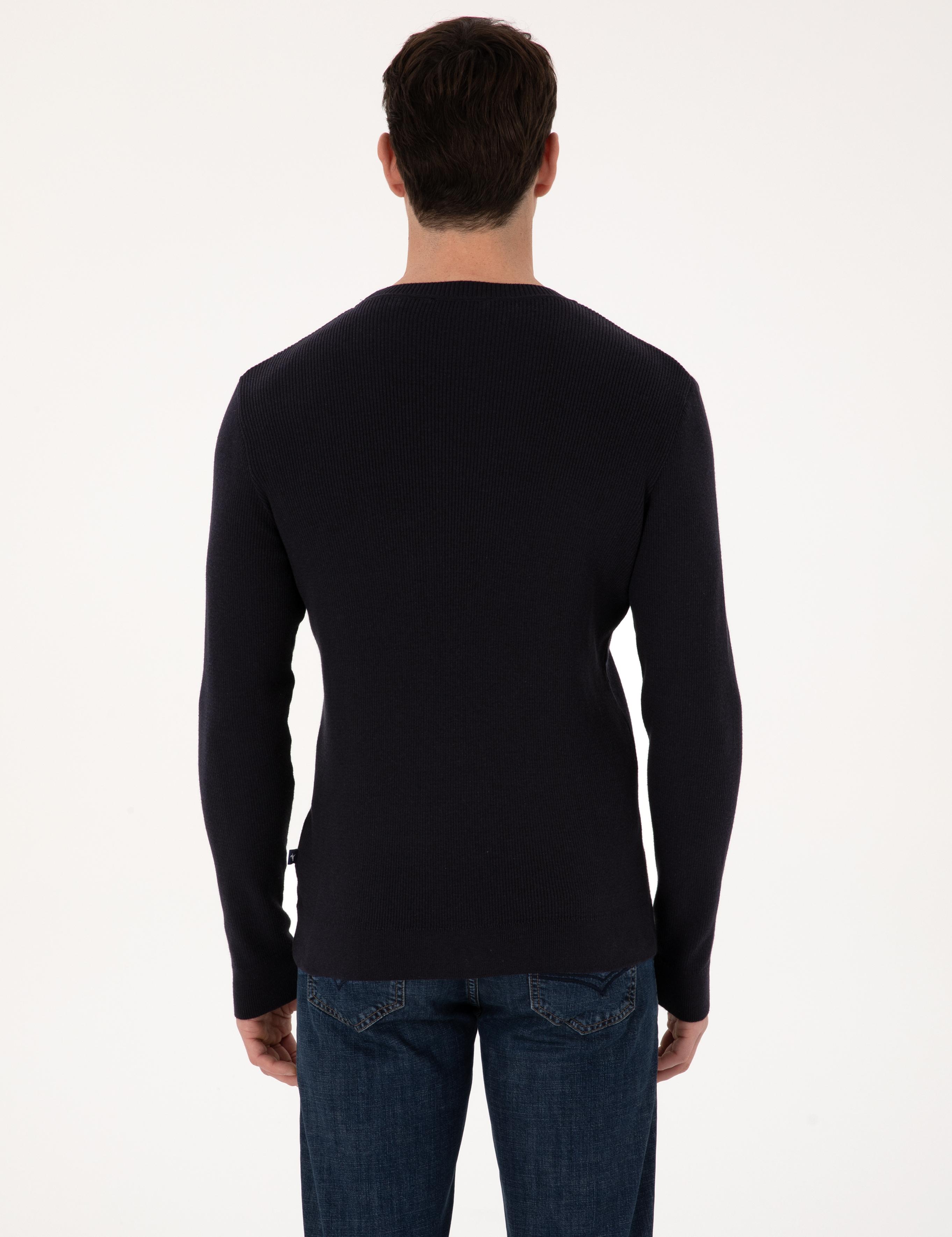 Lacivert Slim Fit Pamuk Karışımlı Bisiklet Yaka Selanik Örgü Triko Kazak - 50318976014
