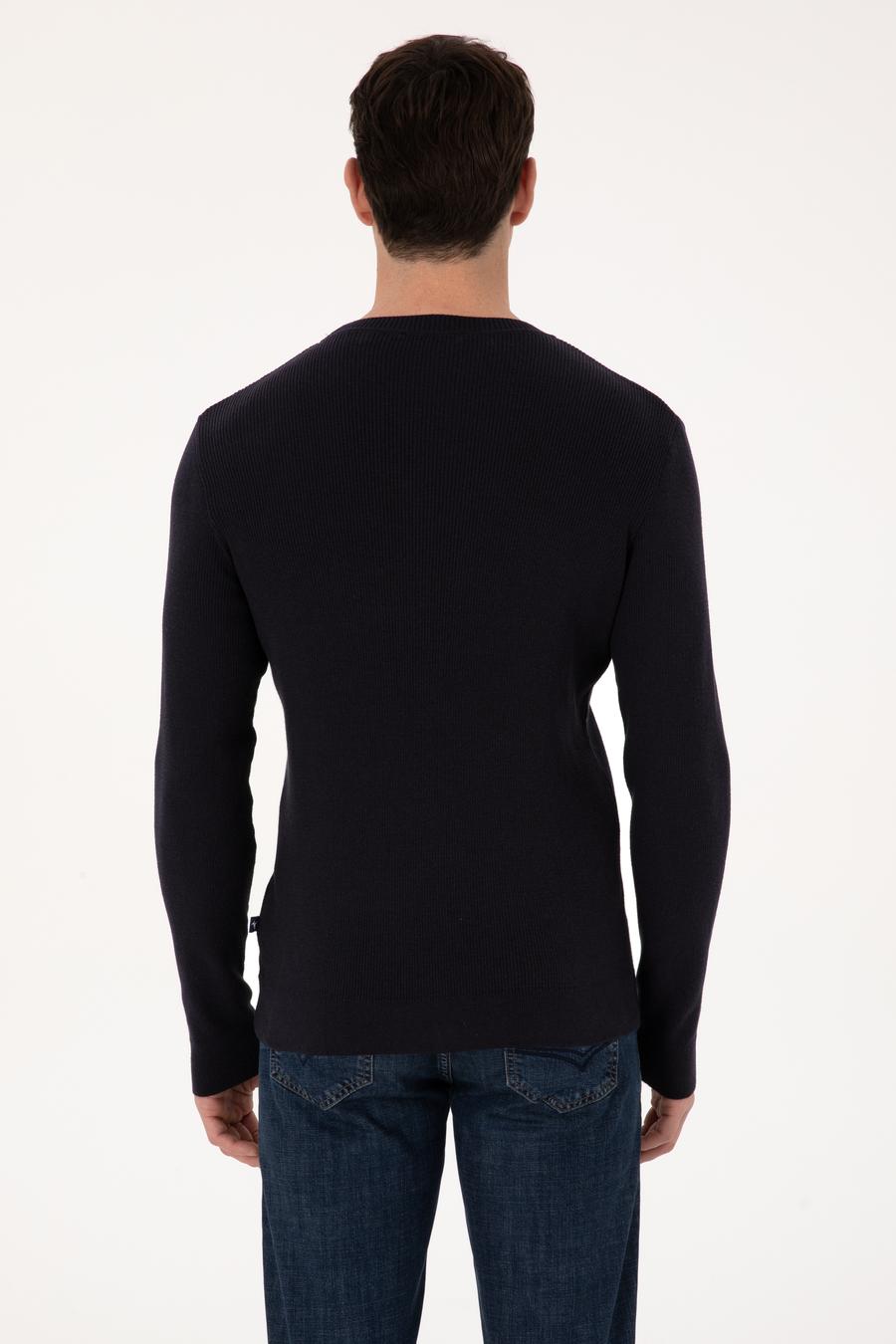 Lacivert Slim Fit Pamuk Karışımlı Bisiklet Yaka Selanik Örgü Triko Kazak - 50318976014
