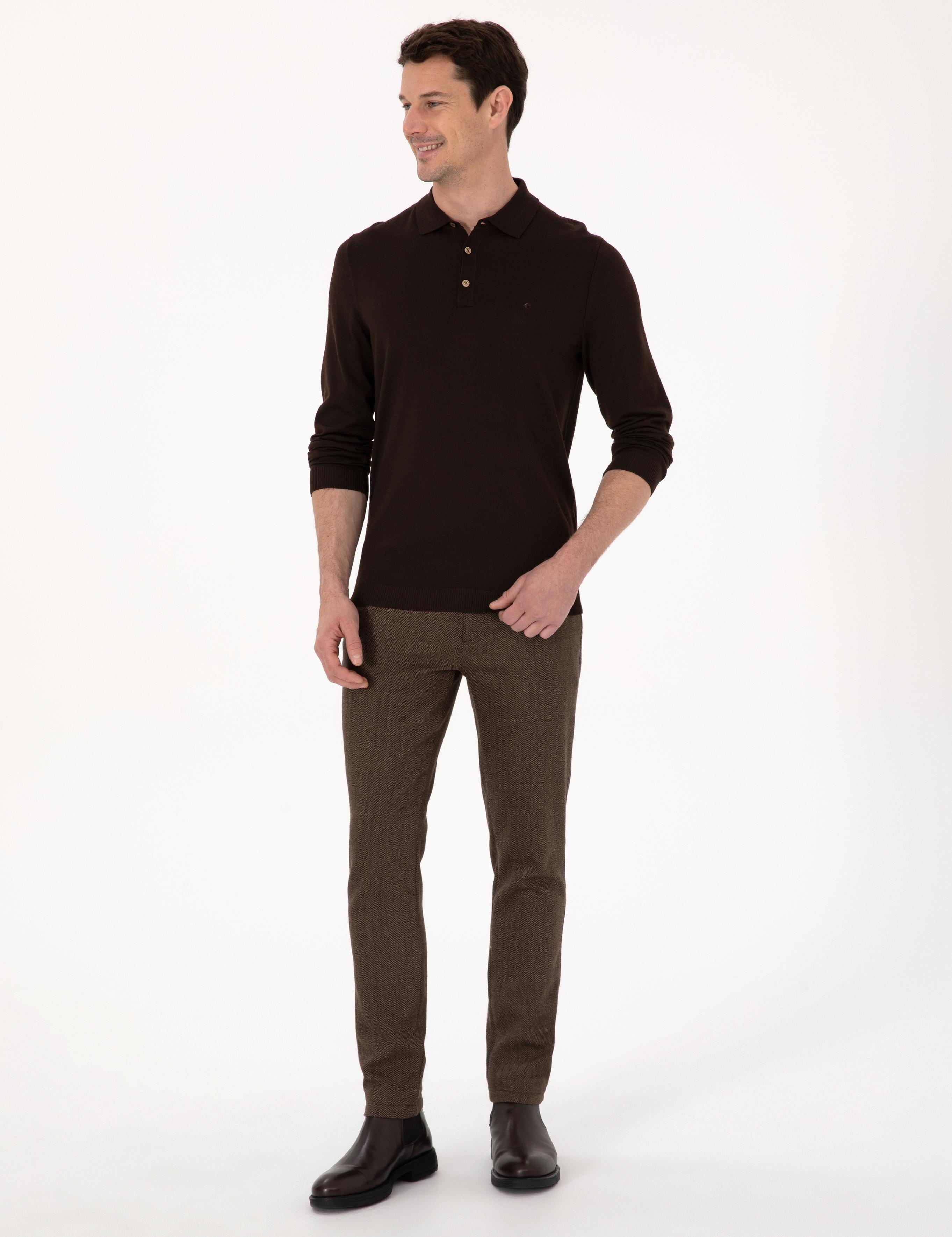 Kahverengi Regular Fit Yün Karışımlı Polo Yaka Basic Triko Kazak - 50318855025