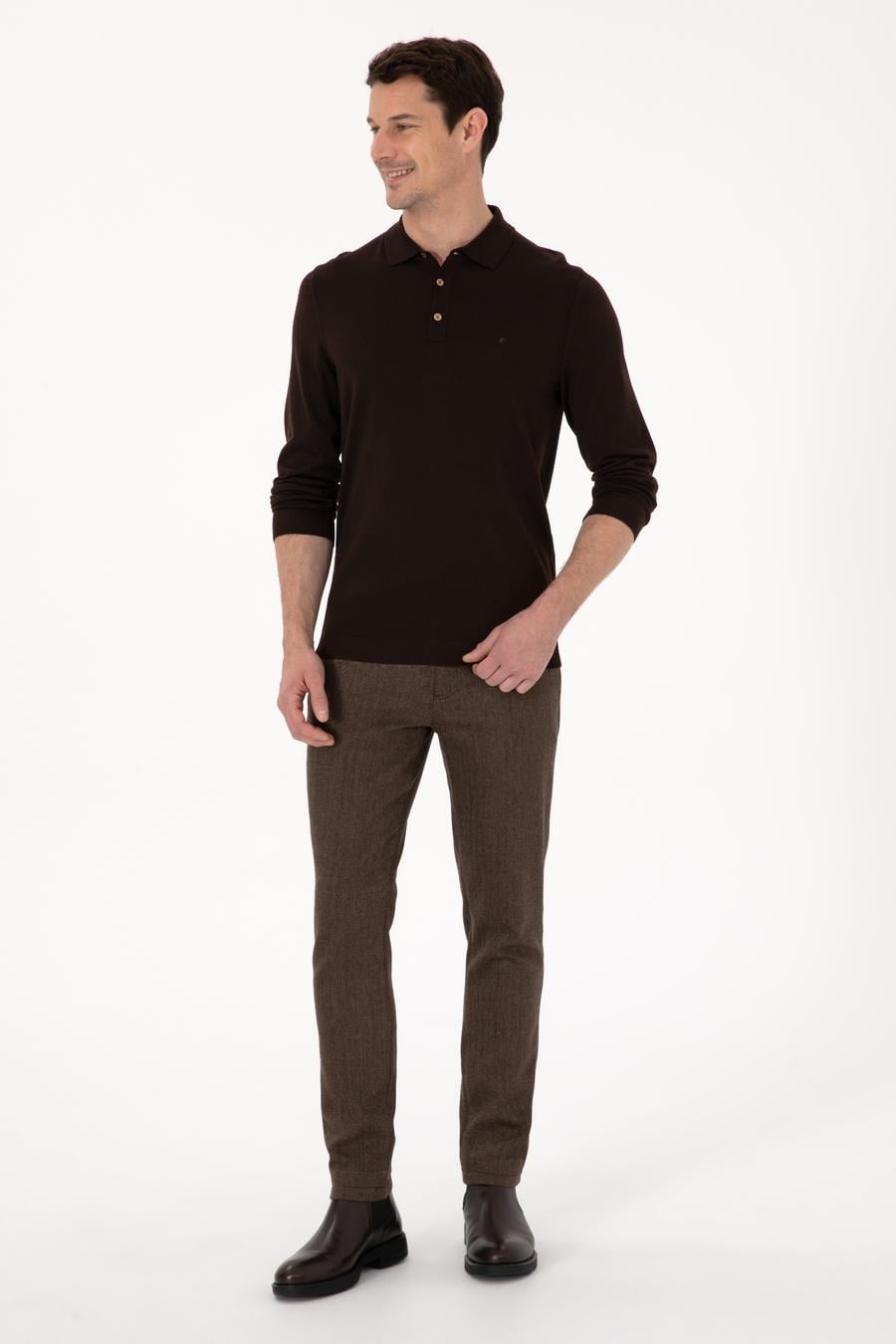 Kahverengi Regular Fit Yün Karışımlı Polo Yaka Basic Triko Kazak - 50318855025