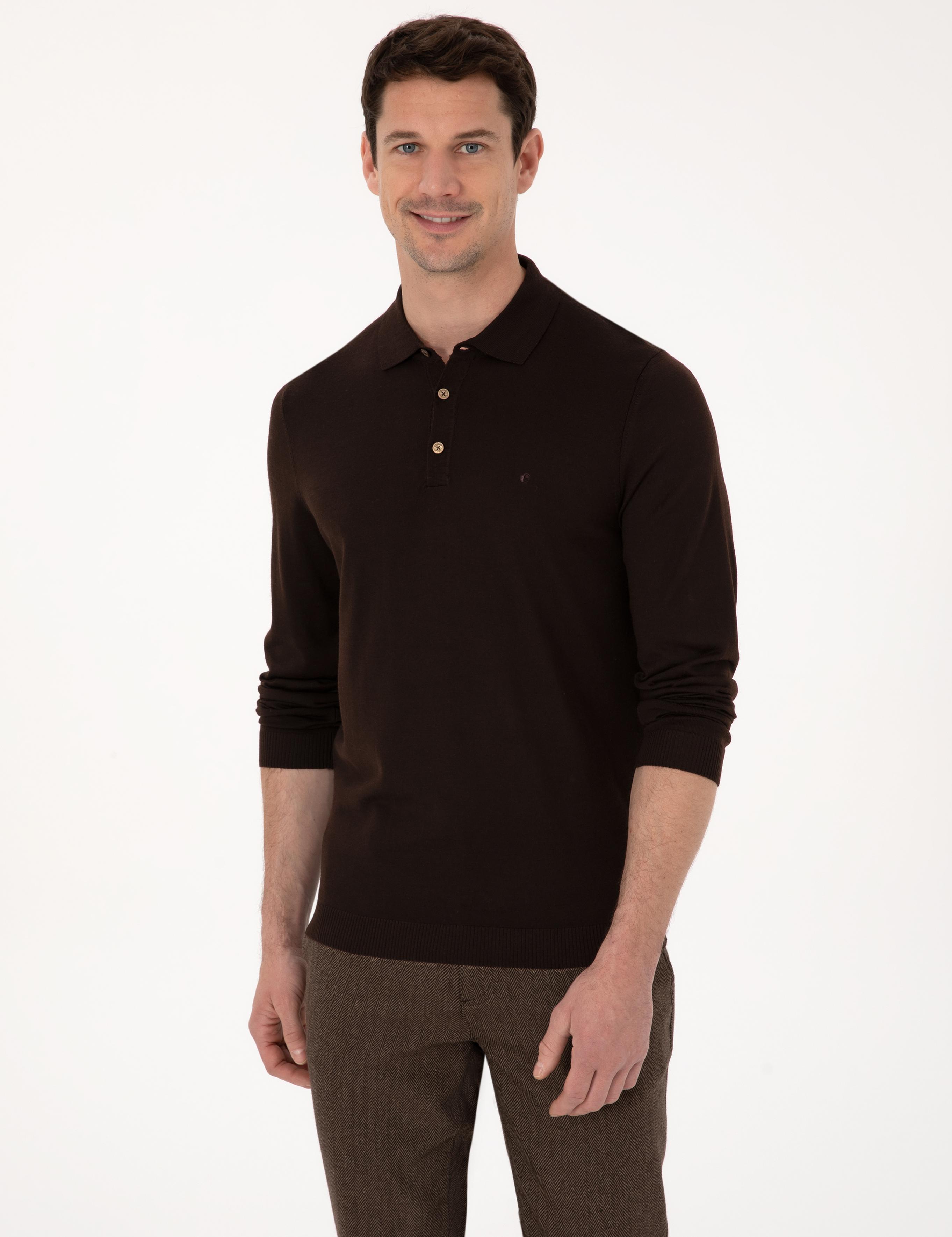 Kahverengi Regular Fit Yün Karışımlı Polo Yaka Basic Triko Kazak - 50318855025