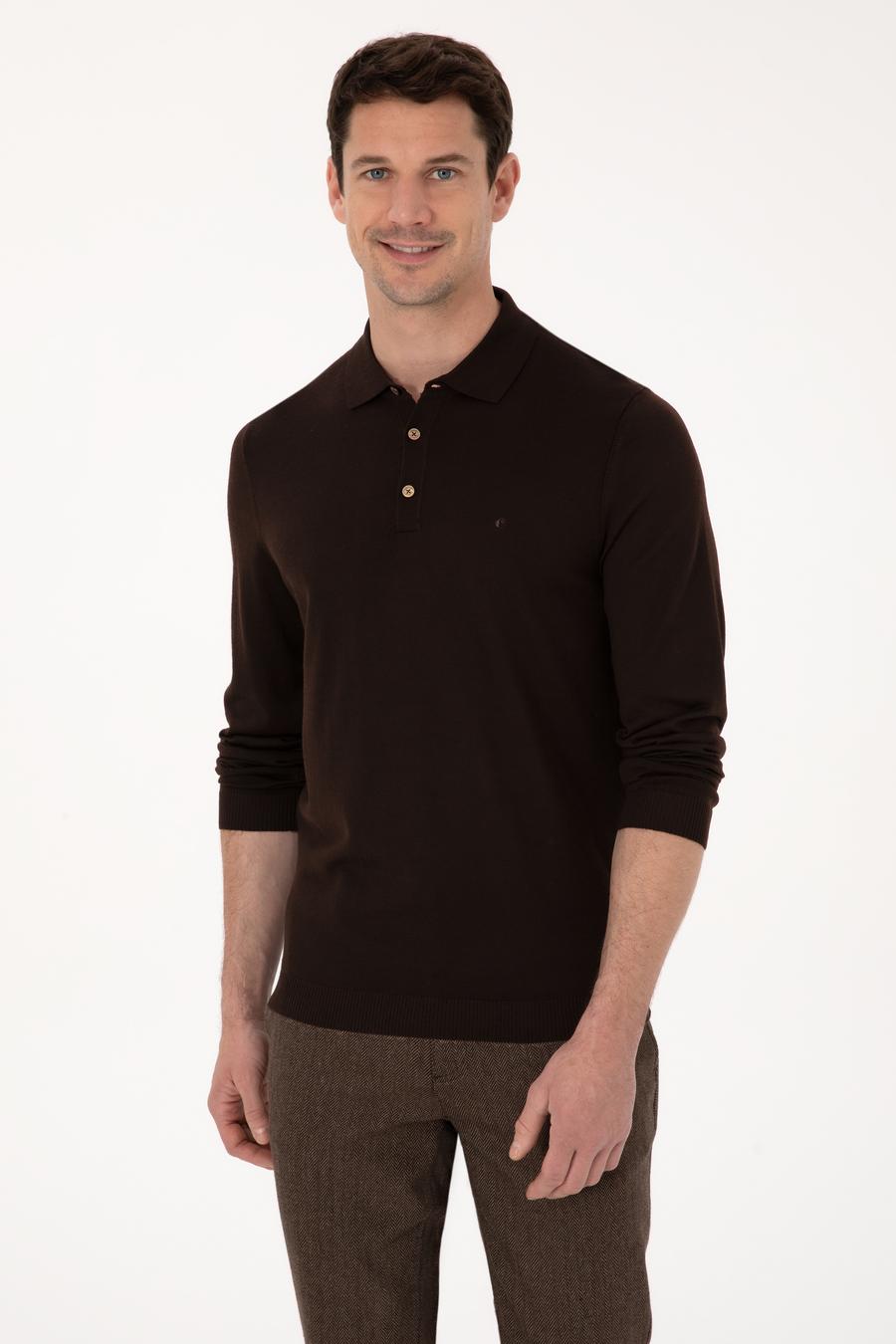 Kahverengi Regular Fit Yün Karışımlı Polo Yaka Basic Triko Kazak - 50318855025
