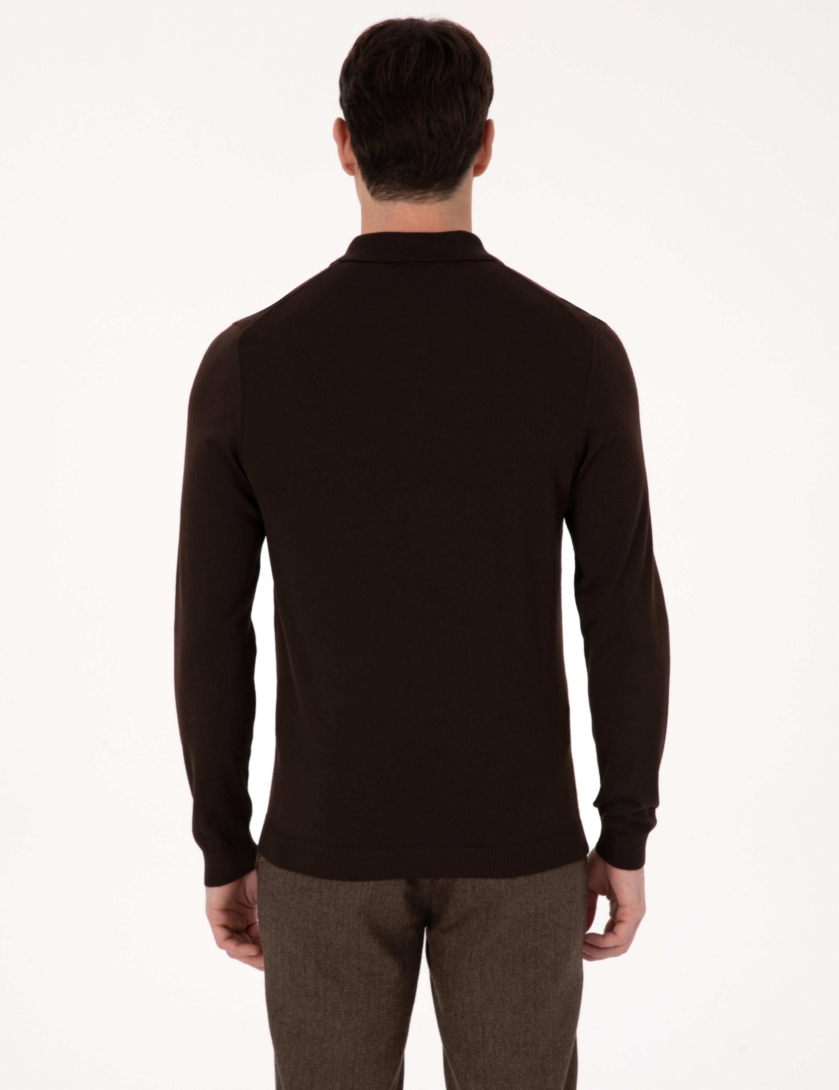 Kahverengi Regular Fit Yün Karışımlı Polo Yaka Basic Triko Kazak - 50318855025
