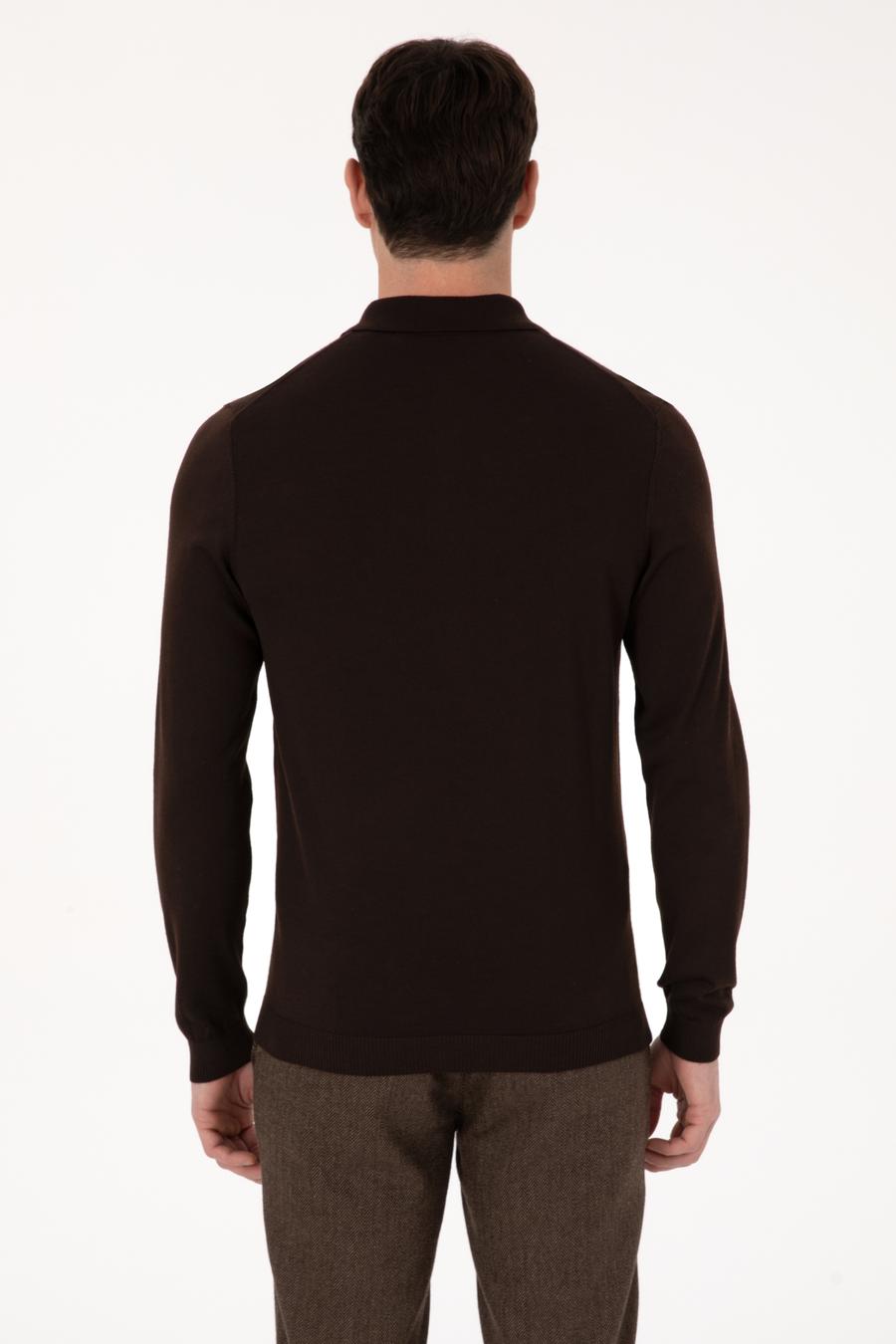 Kahverengi Regular Fit Yün Karışımlı Polo Yaka Basic Triko Kazak - 50318855025