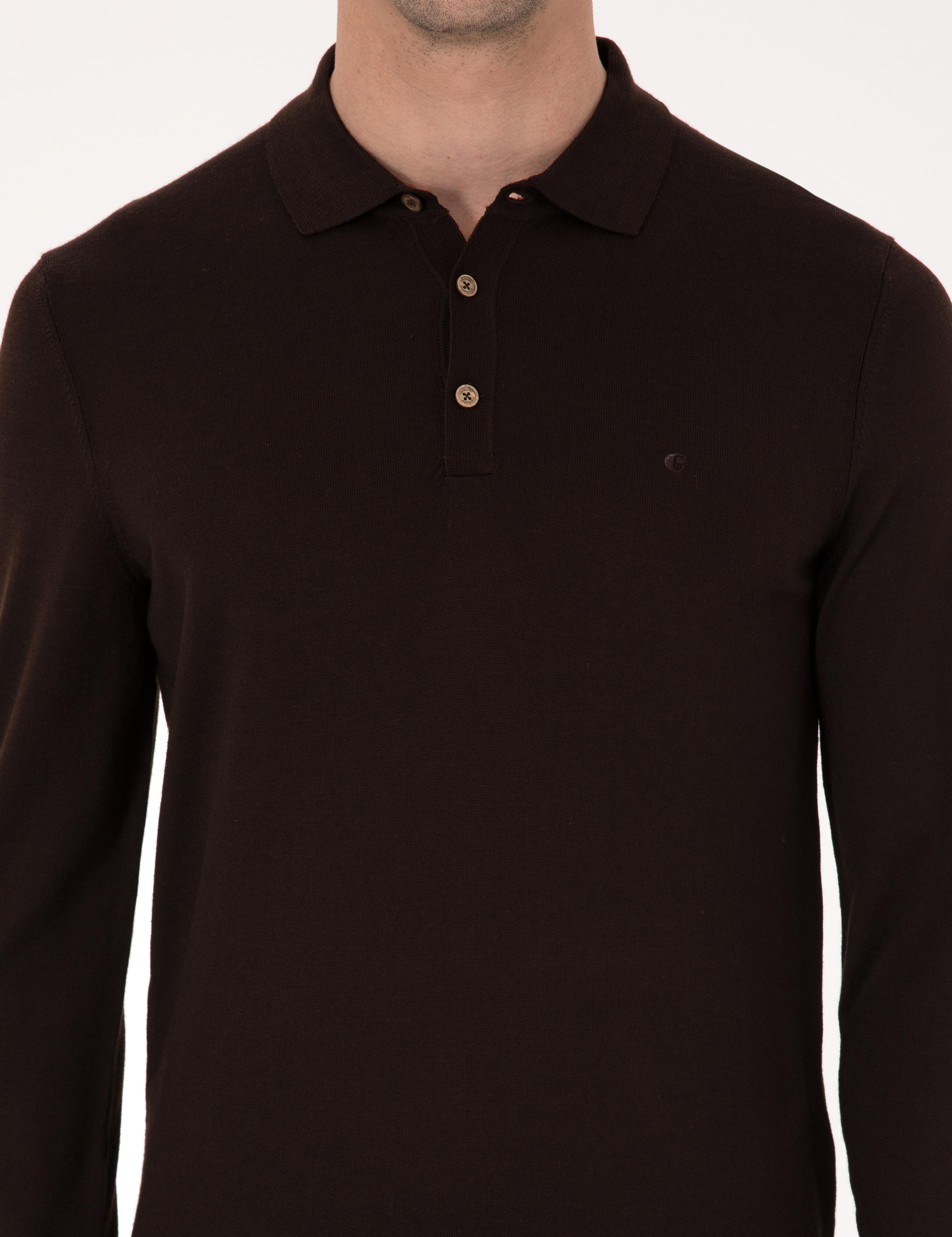 Kahverengi Regular Fit Yün Karışımlı Polo Yaka Basic Triko Kazak - 50318855025