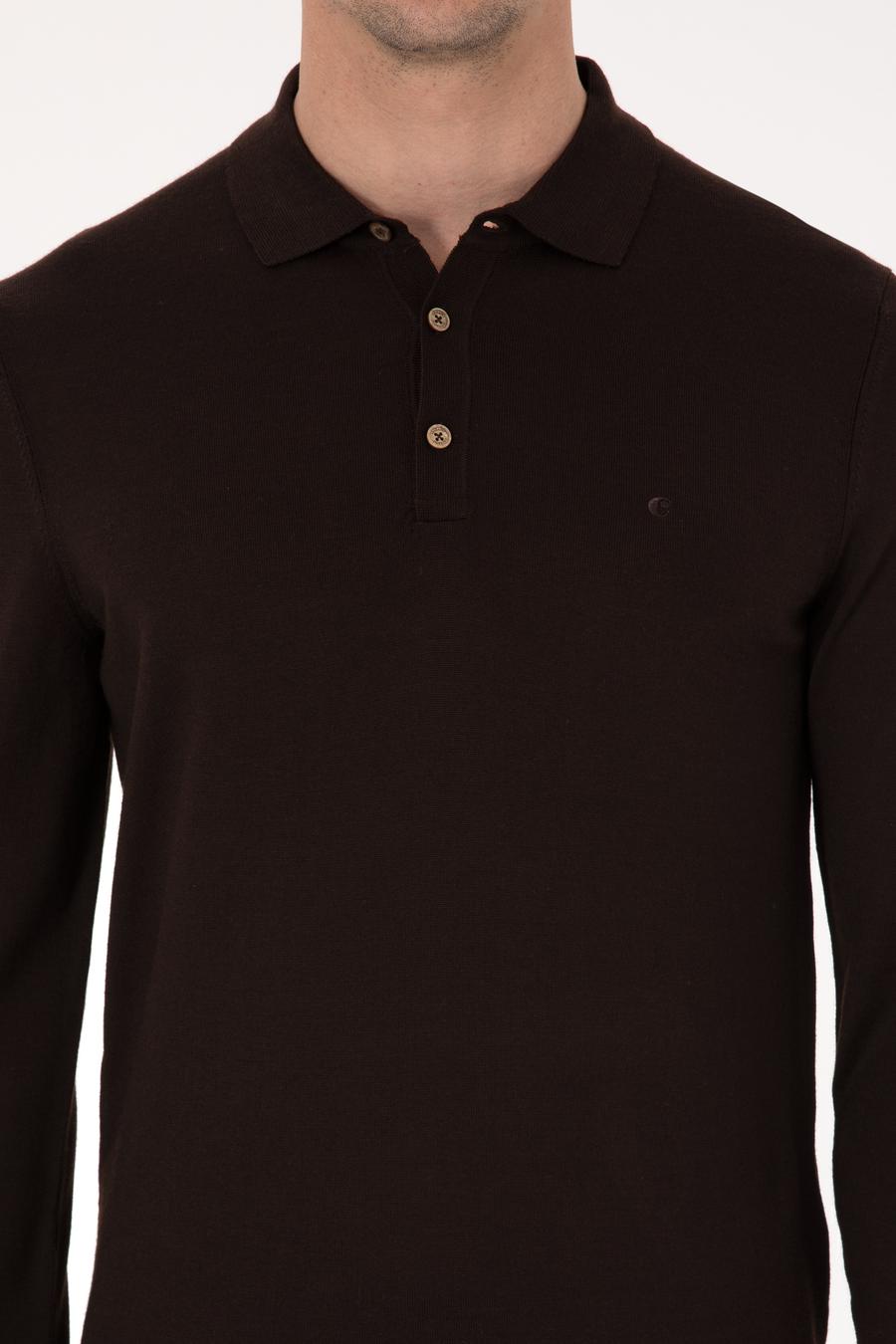 Kahverengi Regular Fit Yün Karışımlı Polo Yaka Basic Triko Kazak - 50318855025