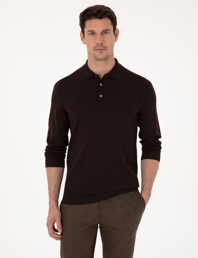 Kahverengi Regular Fit Yün Karışımlı Polo Yaka Basic Triko Kazak