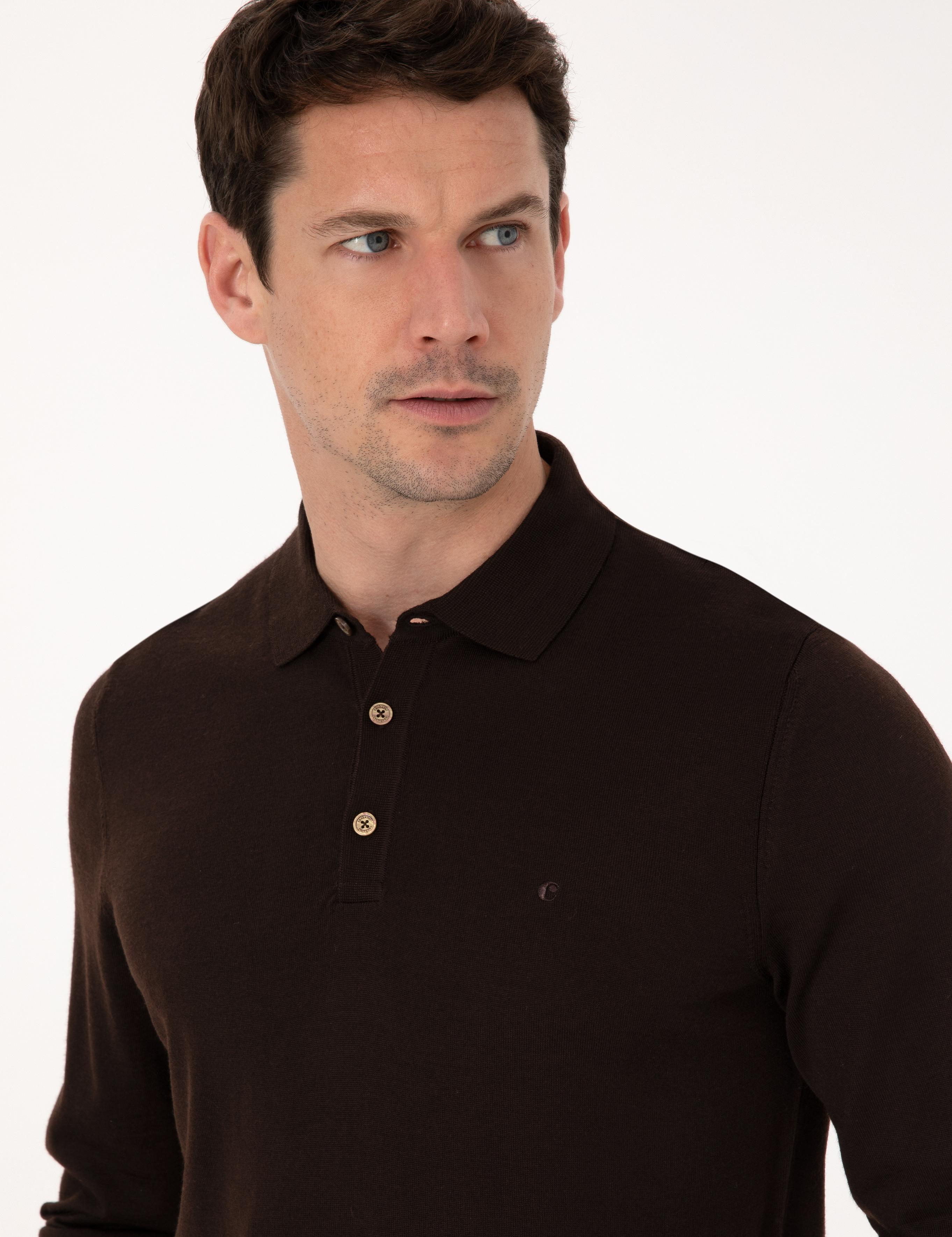 Kahverengi Regular Fit Yün Karışımlı Polo Yaka Basic Triko Kazak - 50318855025