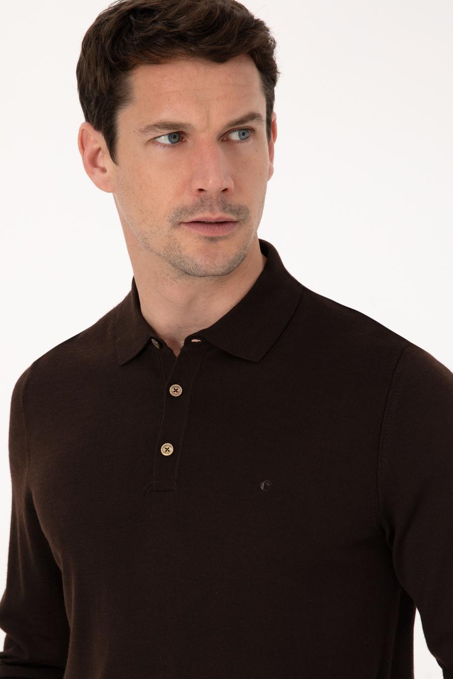 Kahverengi Regular Fit Yün Karışımlı Polo Yaka Basic Triko Kazak - 50318855025