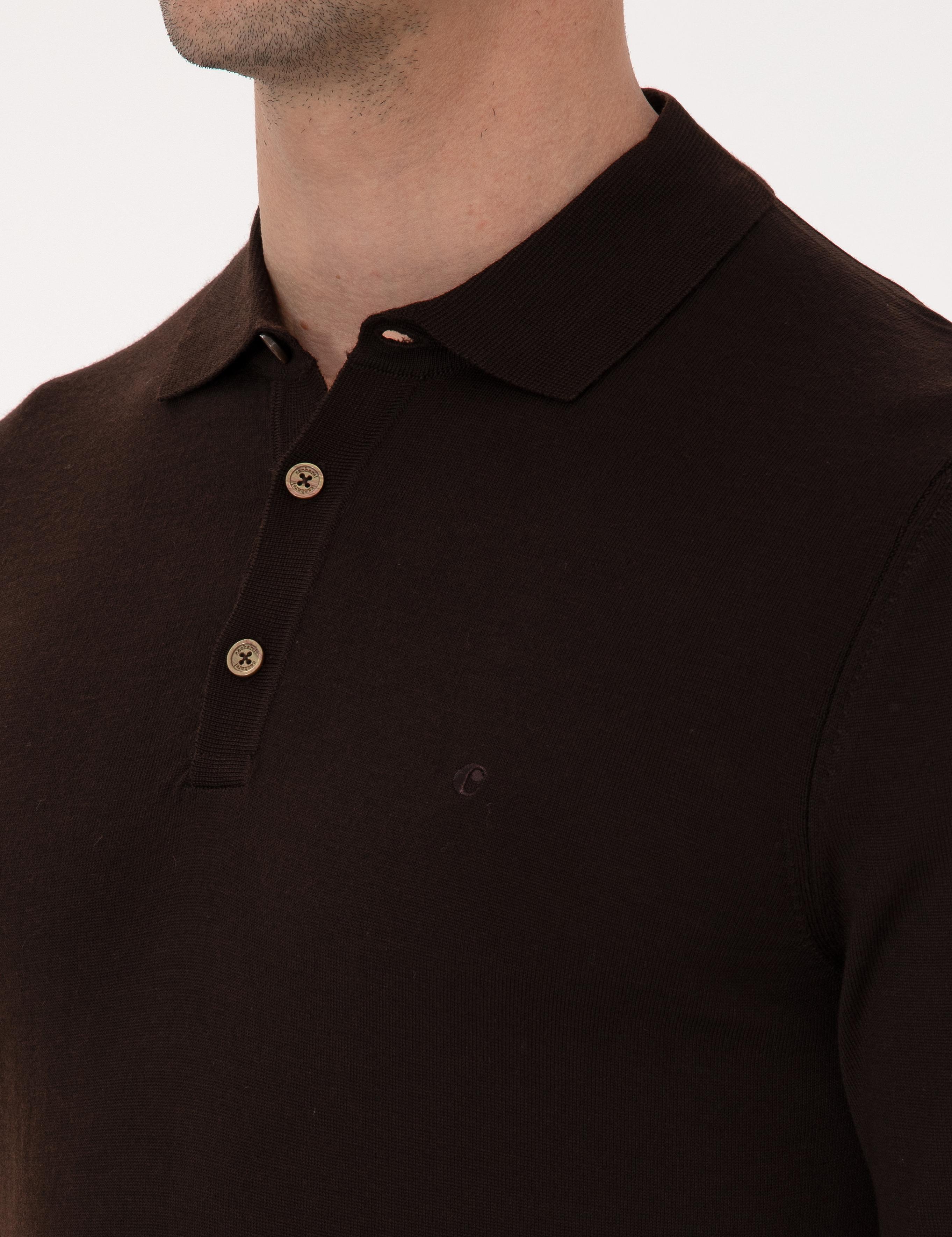 Kahverengi Regular Fit Yün Karışımlı Polo Yaka Basic Triko Kazak - 50318855025