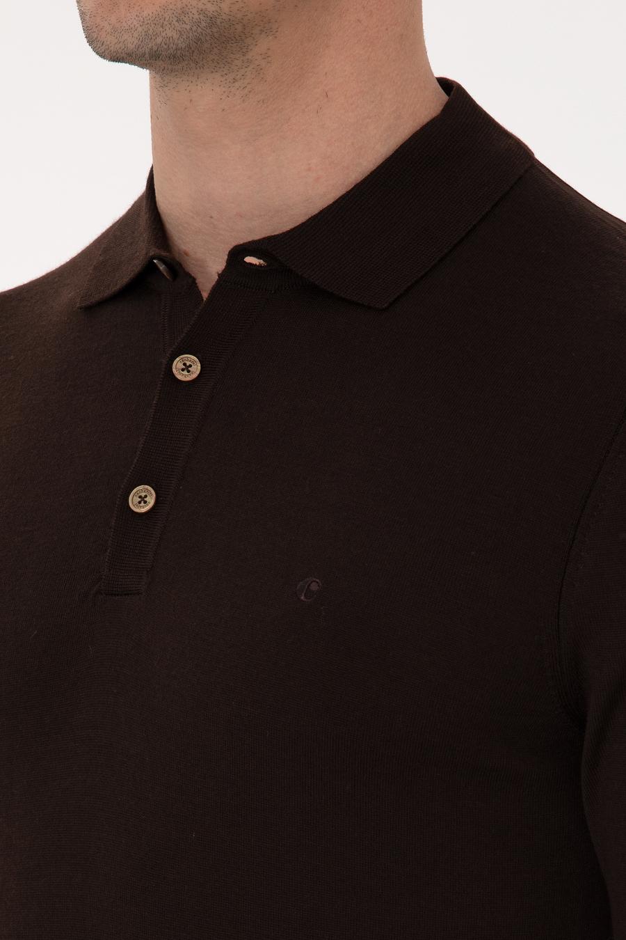 Kahverengi Regular Fit Yün Karışımlı Polo Yaka Basic Triko Kazak - 50318855025