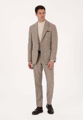 Bej Slim Fit Yün Kaşmir Karışımlı Mikro Desenli Pantolon