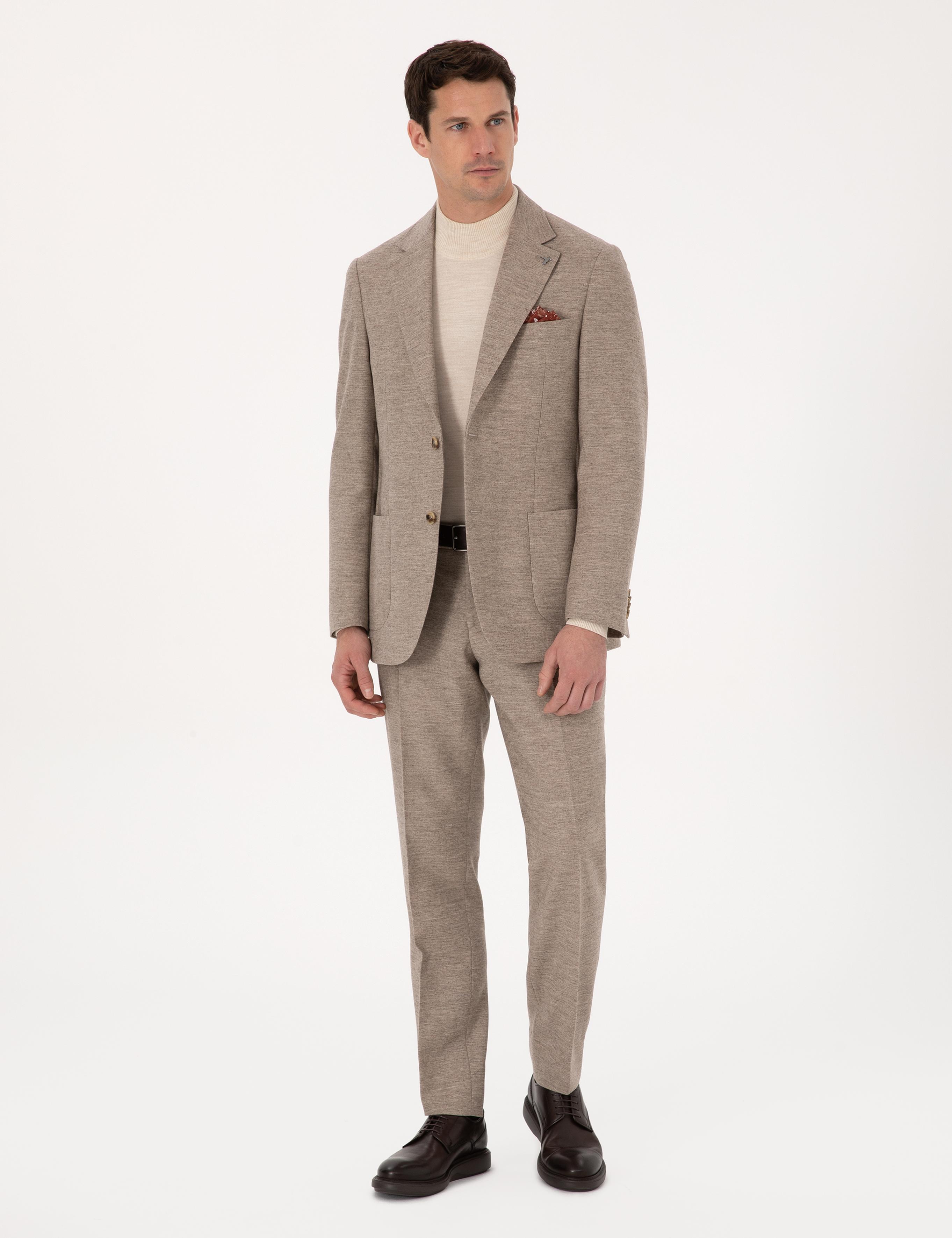 Bej Slim Fit Yün Kaşmir Karışımlı Mikro Desenli Pantolon - 50313265002