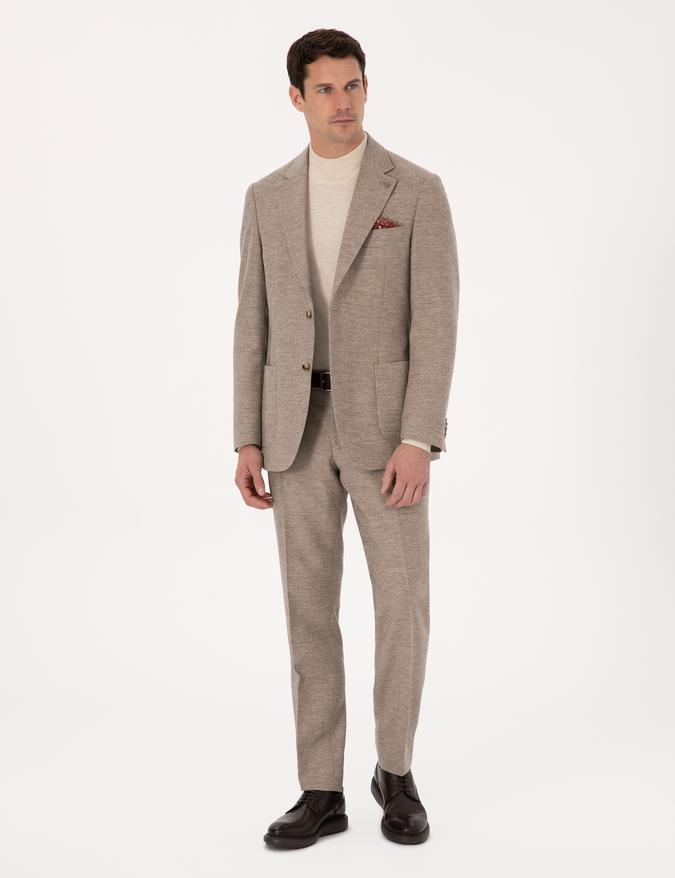 Bej Slim Fit Yün Kaşmir Karışımlı Mikro Desenli Pantolon