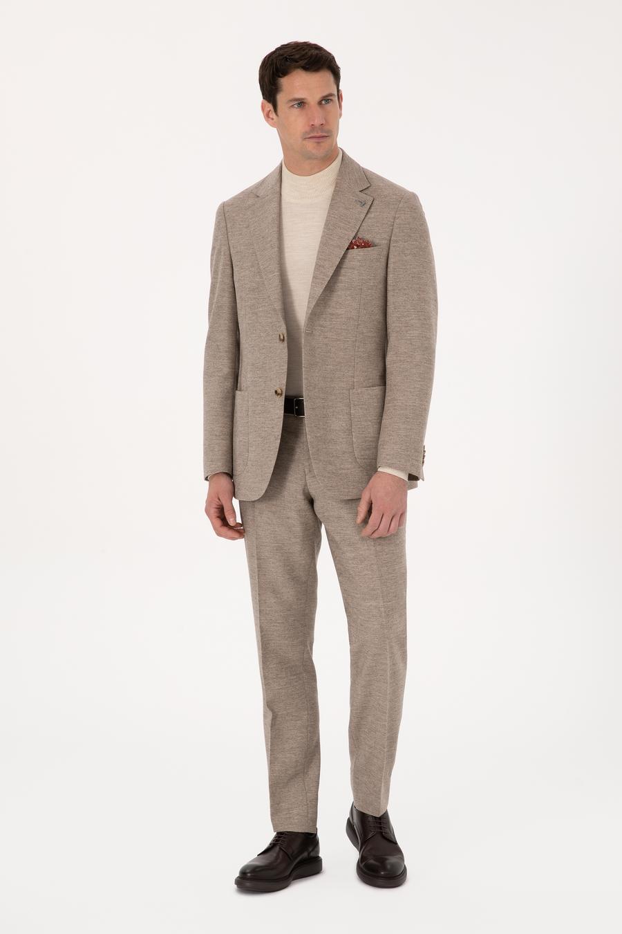 Bej Slim Fit Yün Kaşmir Karışımlı Mikro Desenli Pantolon - 50313265002