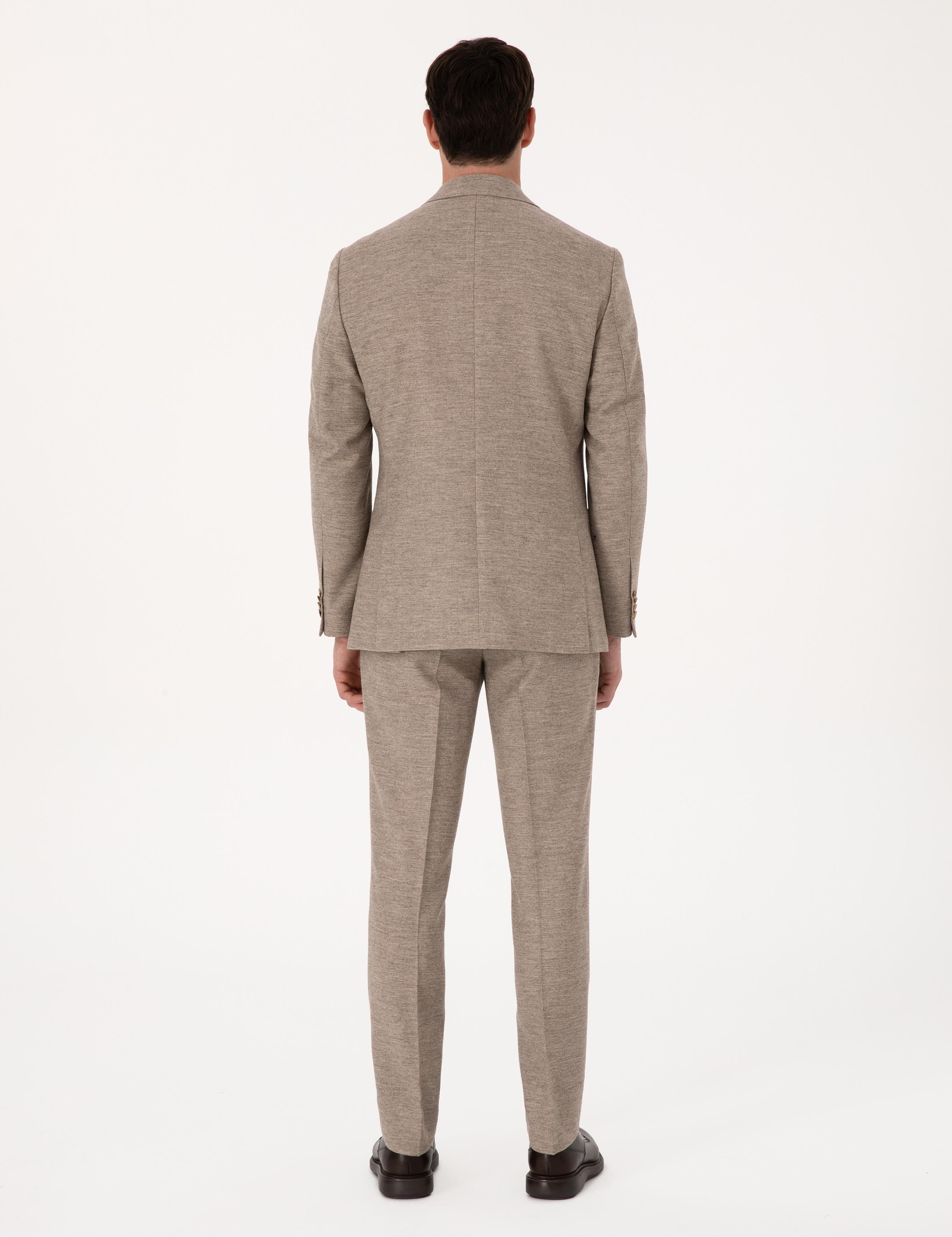 Bej Slim Fit Yün Kaşmir Karışımlı Mikro Desenli Pantolon - 50313265002