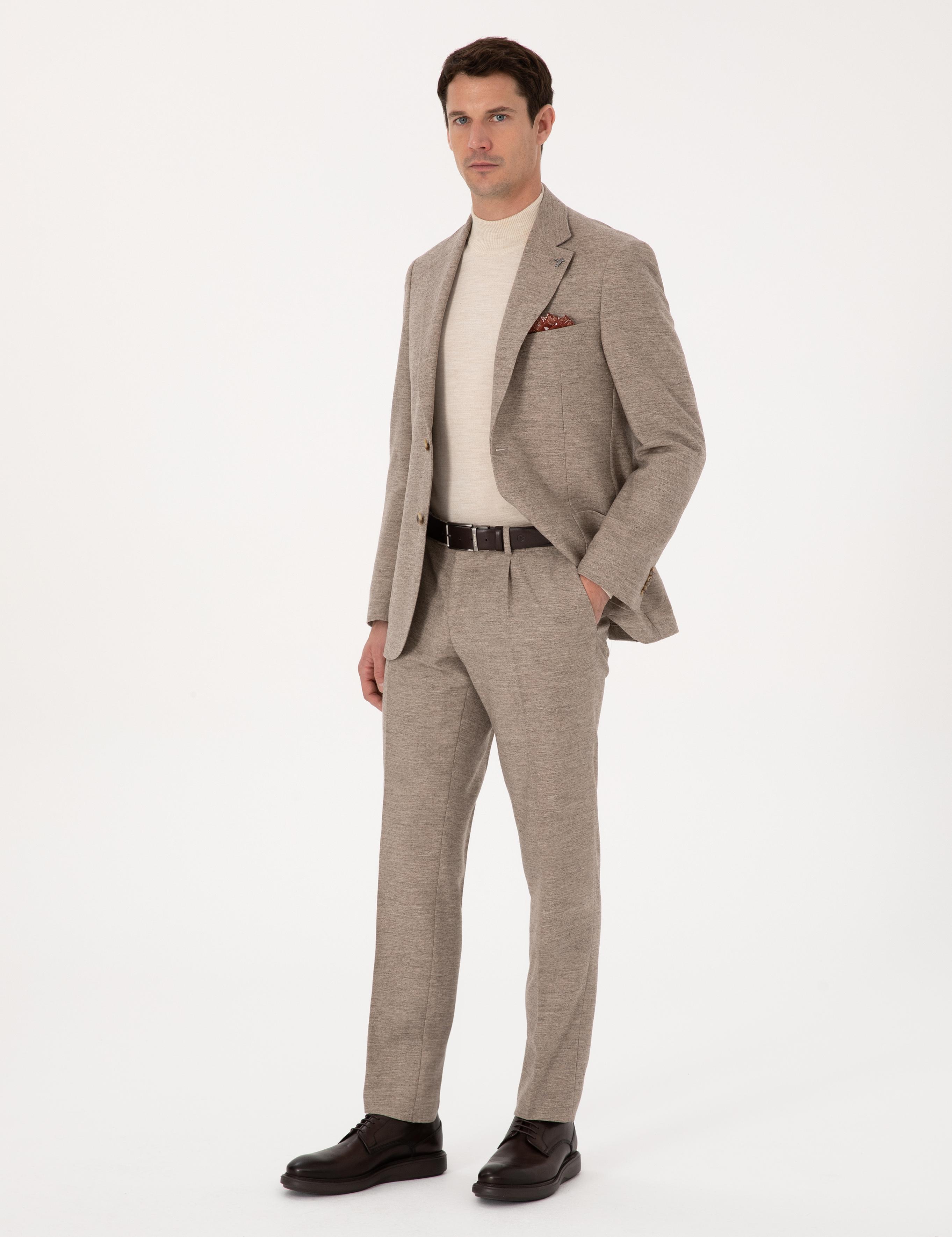 Bej Slim Fit Yün Kaşmir Karışımlı Mikro Desenli Pantolon - 50313265002