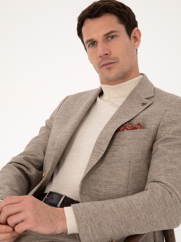 Bej Slim Fit Yün Kaşmir Karışımlı Mikro Desenli Ceket