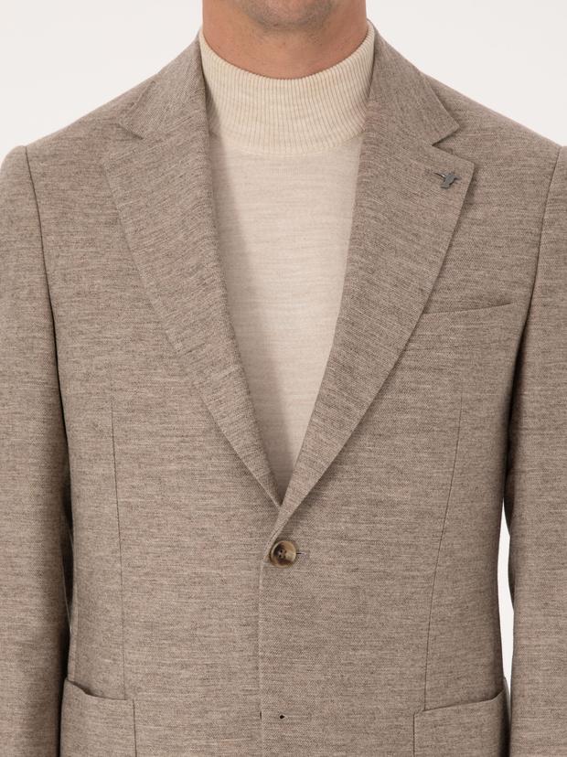 Bej Slim Fit Yün Kaşmir Karışımlı Mikro Desenli Ceket