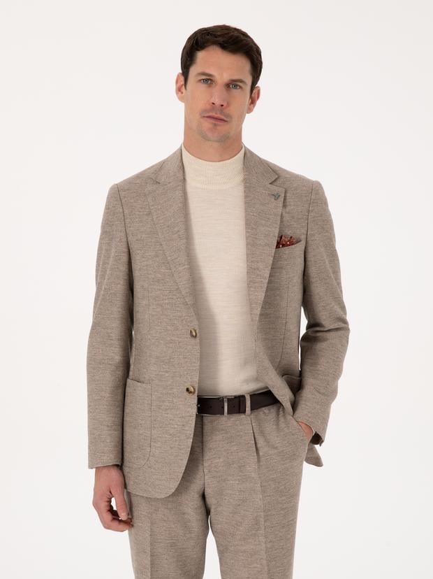 Bej Slim Fit Yün Kaşmir Karışımlı Mikro Desenli Ceket