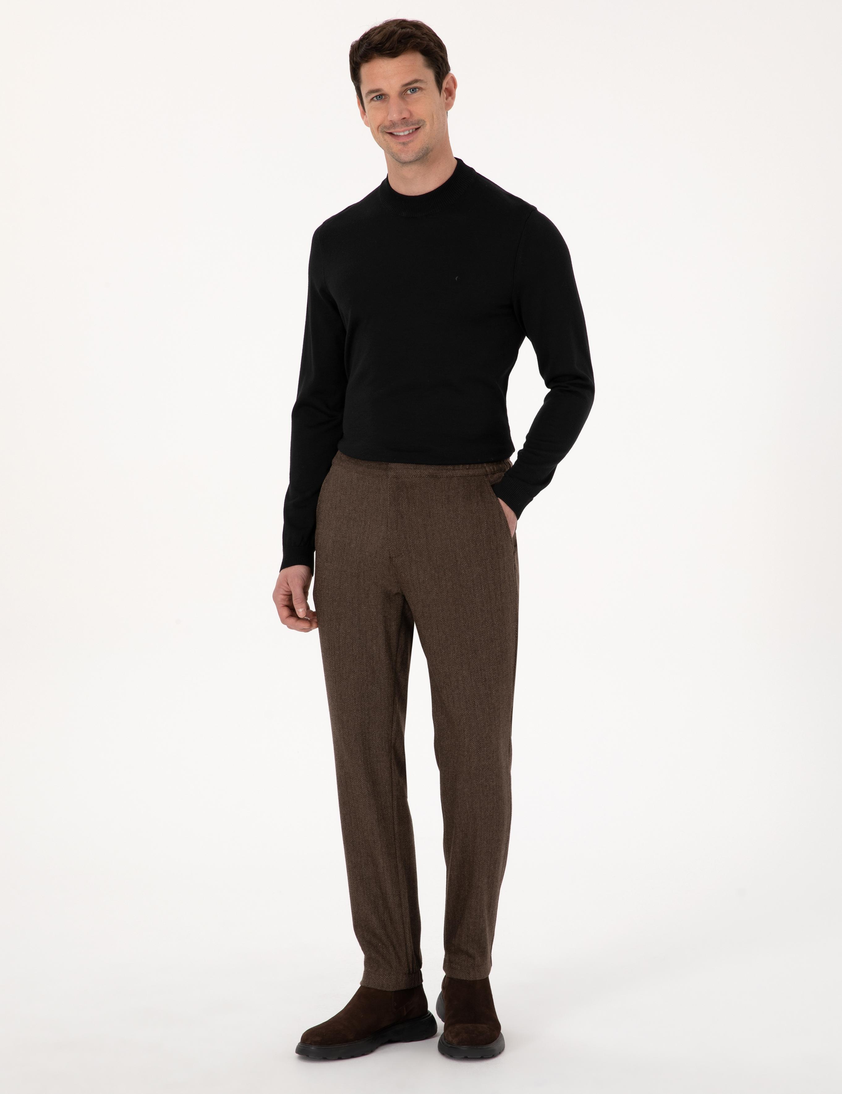 Kahverengi Jogger Fit Beli Lastikli Yün Karışımlı Balık Sırtı Kanvas Pantolon - 50308723121