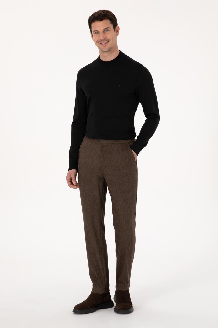 Kahverengi Jogger Fit Beli Lastikli Yün Karışımlı Balık Sırtı Kanvas Pantolon - 50308723121