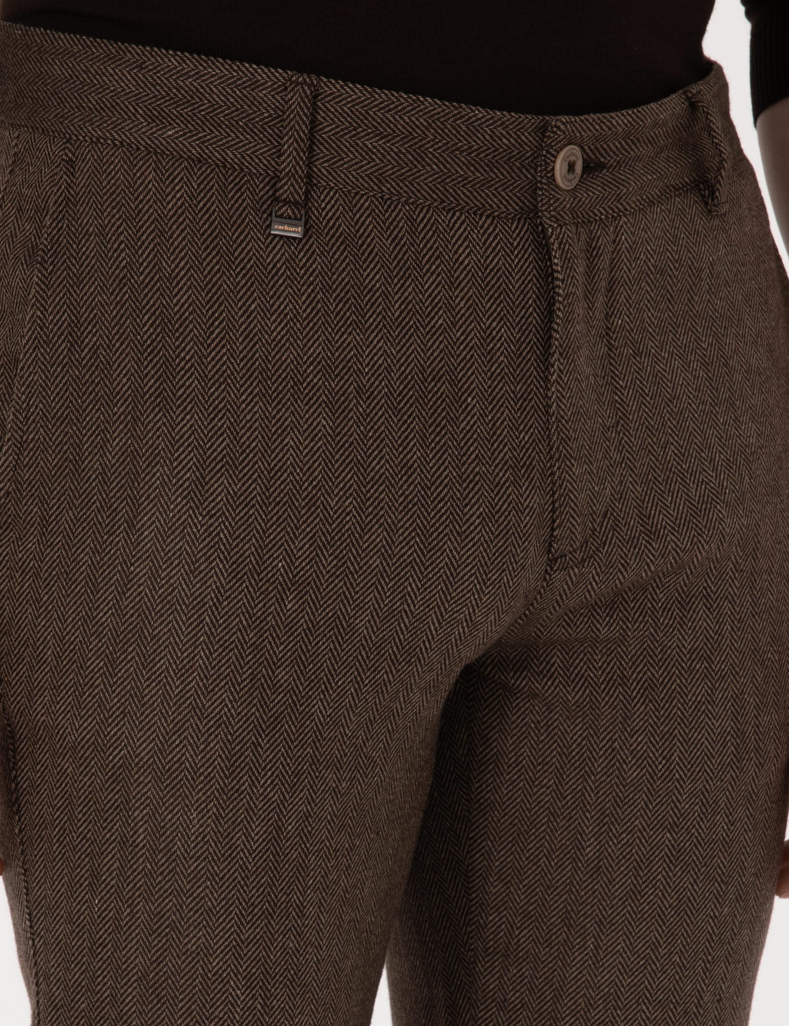 Kahverengi Slim Fit Yün Karışımlı Balık Sırtı Kanvas Pantolon - 50314059078