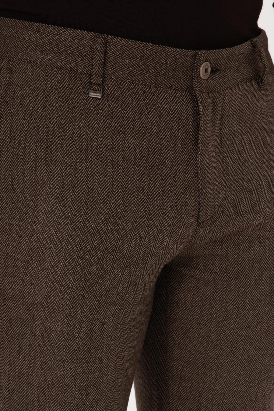 Kahverengi Slim Fit Yün Karışımlı Balık Sırtı Kanvas Pantolon - 50314059078