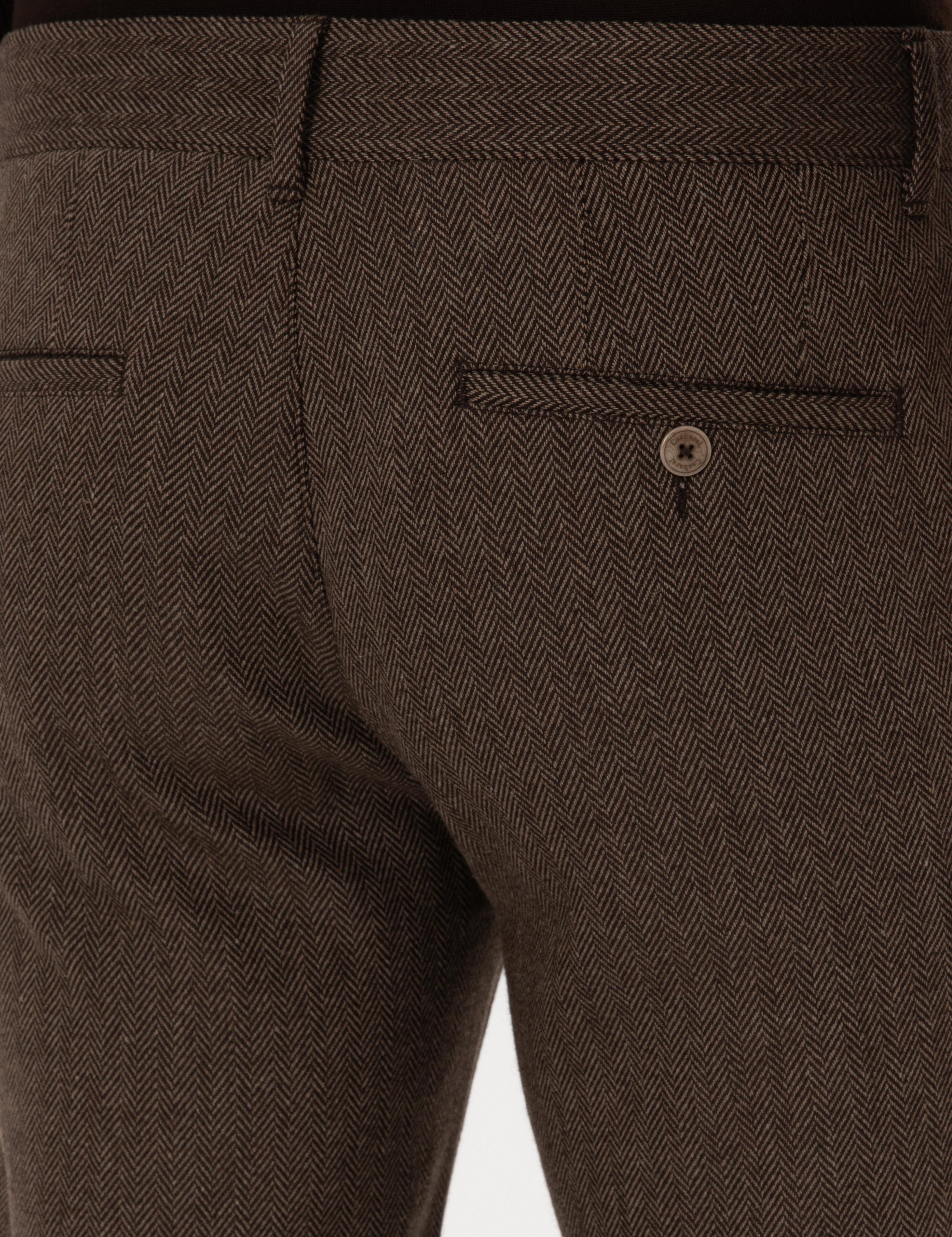 Kahverengi Slim Fit Yün Karışımlı Balık Sırtı Kanvas Pantolon - 50314059078