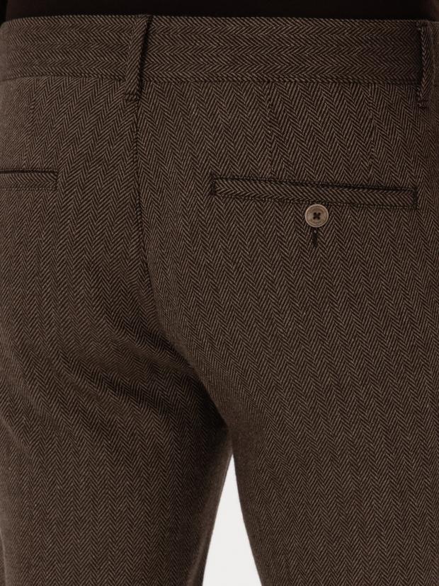 Kahverengi Slim Fit Yün Karışımlı Balık Sırtı Kanvas Pantolon