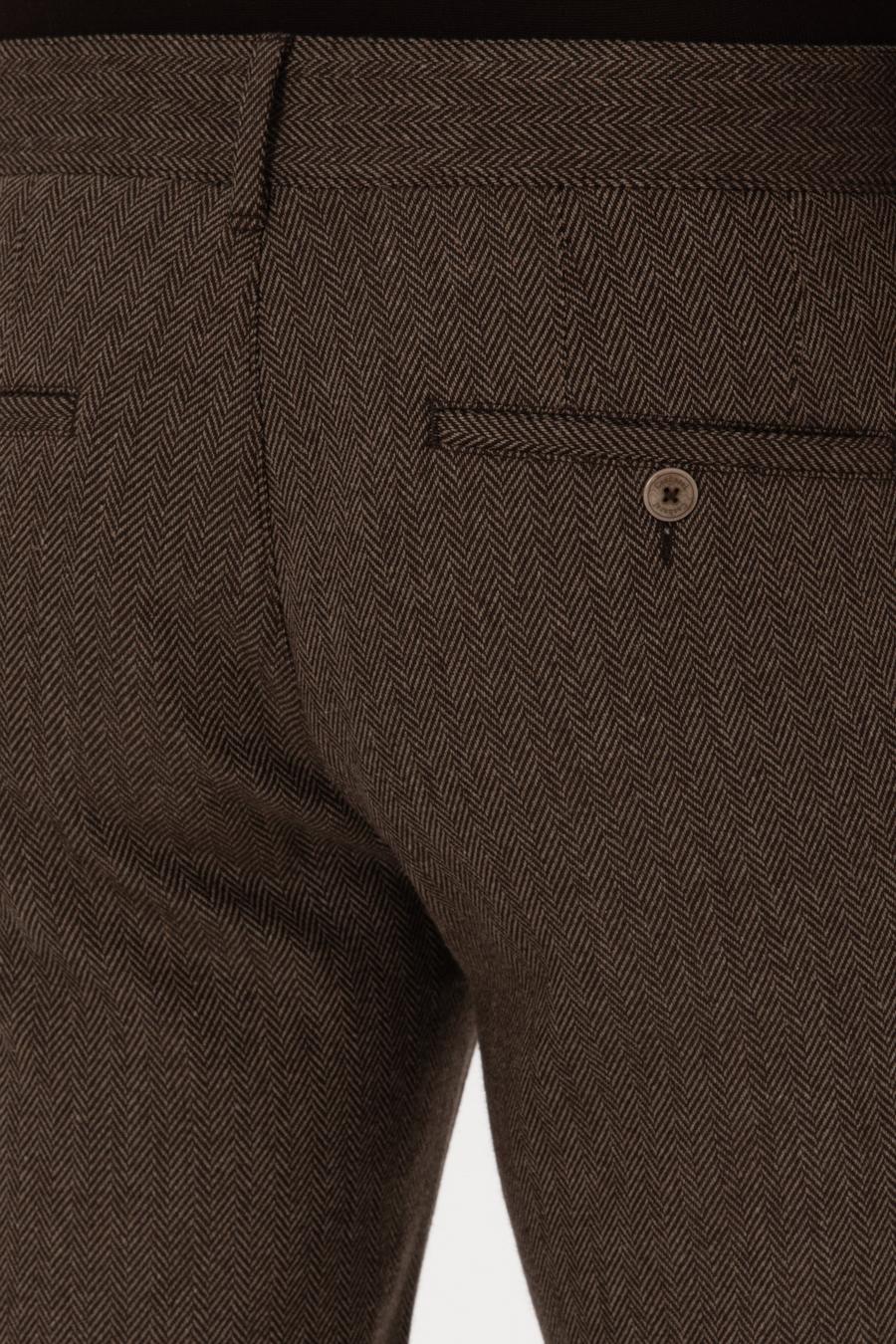 Kahverengi Slim Fit Yün Karışımlı Balık Sırtı Kanvas Pantolon - 50314059078