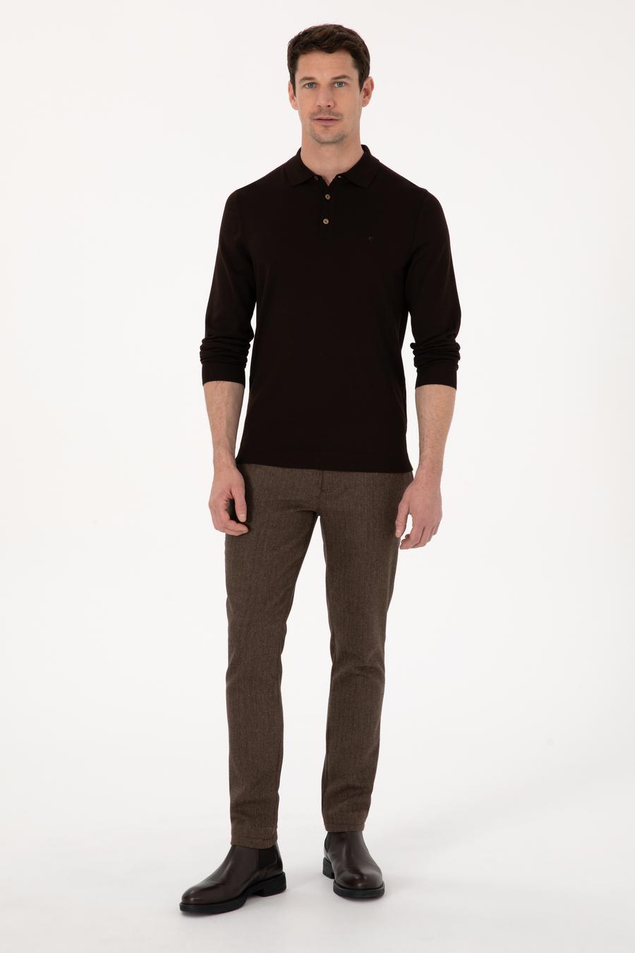 Kahverengi Slim Fit Yün Karışımlı Balık Sırtı Kanvas Pantolon - 50314059078