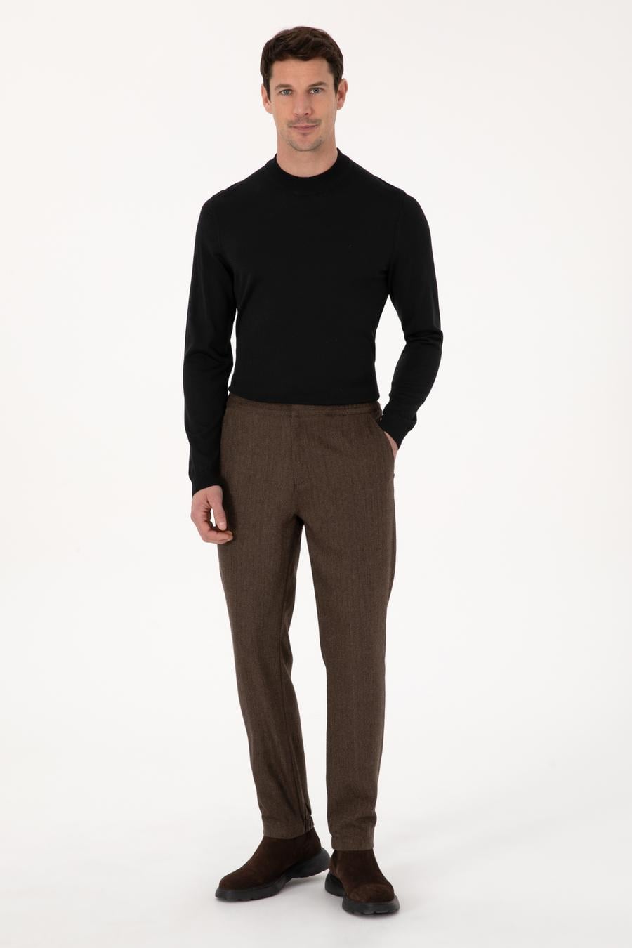 Kahverengi Jogger Fit Beli Lastikli Yün Karışımlı Balık Sırtı Kanvas Pantolon - 50308723121