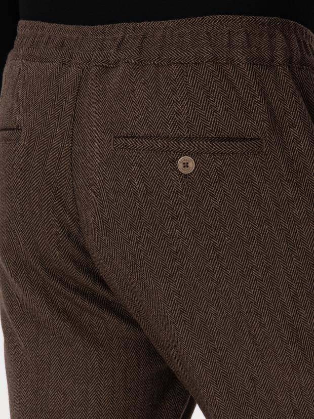 Kahverengi Jogger Fit Beli Lastikli Yün Karışımlı Balık Sırtı Kanvas Pantolon