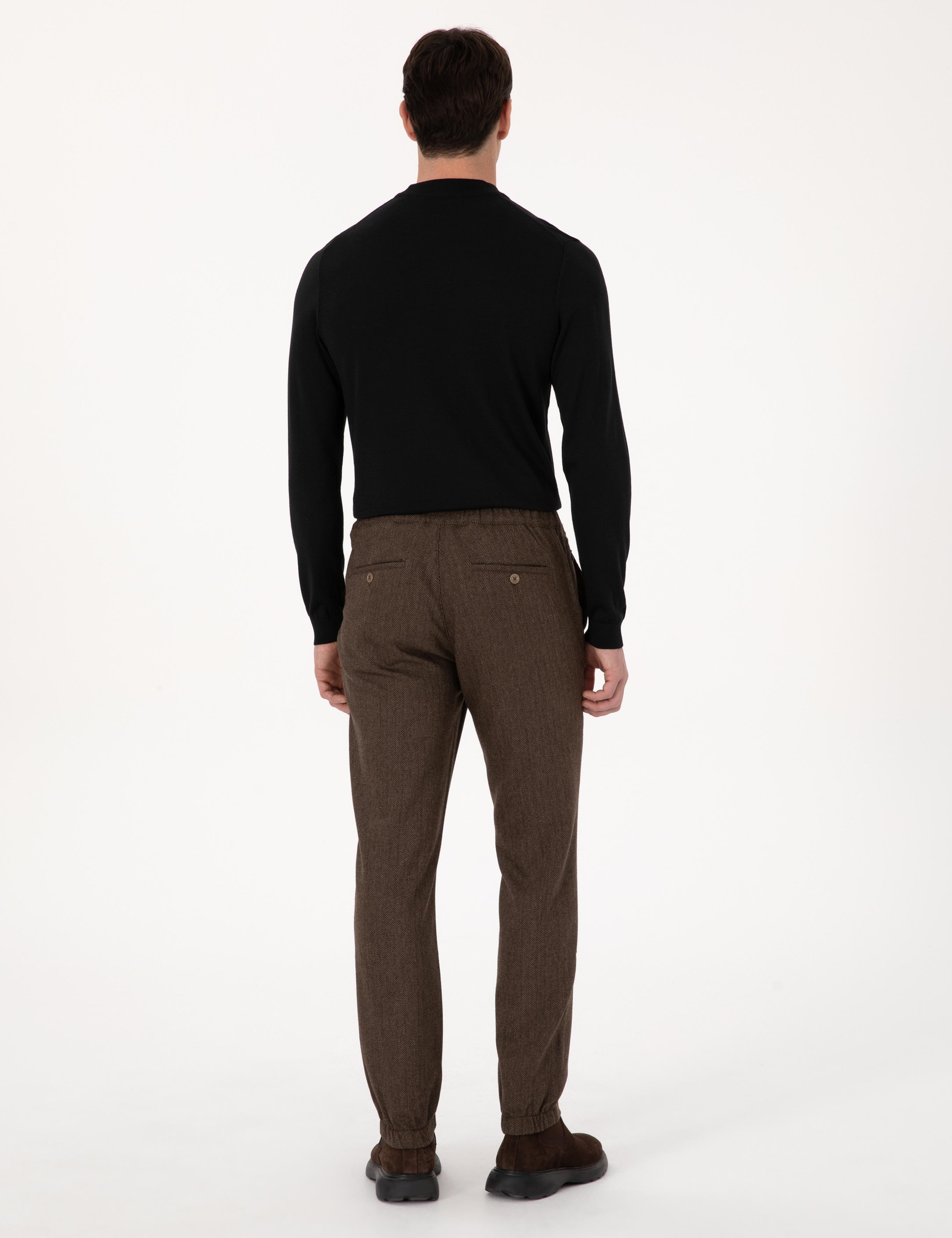 Kahverengi Jogger Fit Beli Lastikli Yün Karışımlı Balık Sırtı Kanvas Pantolon - 50308723121