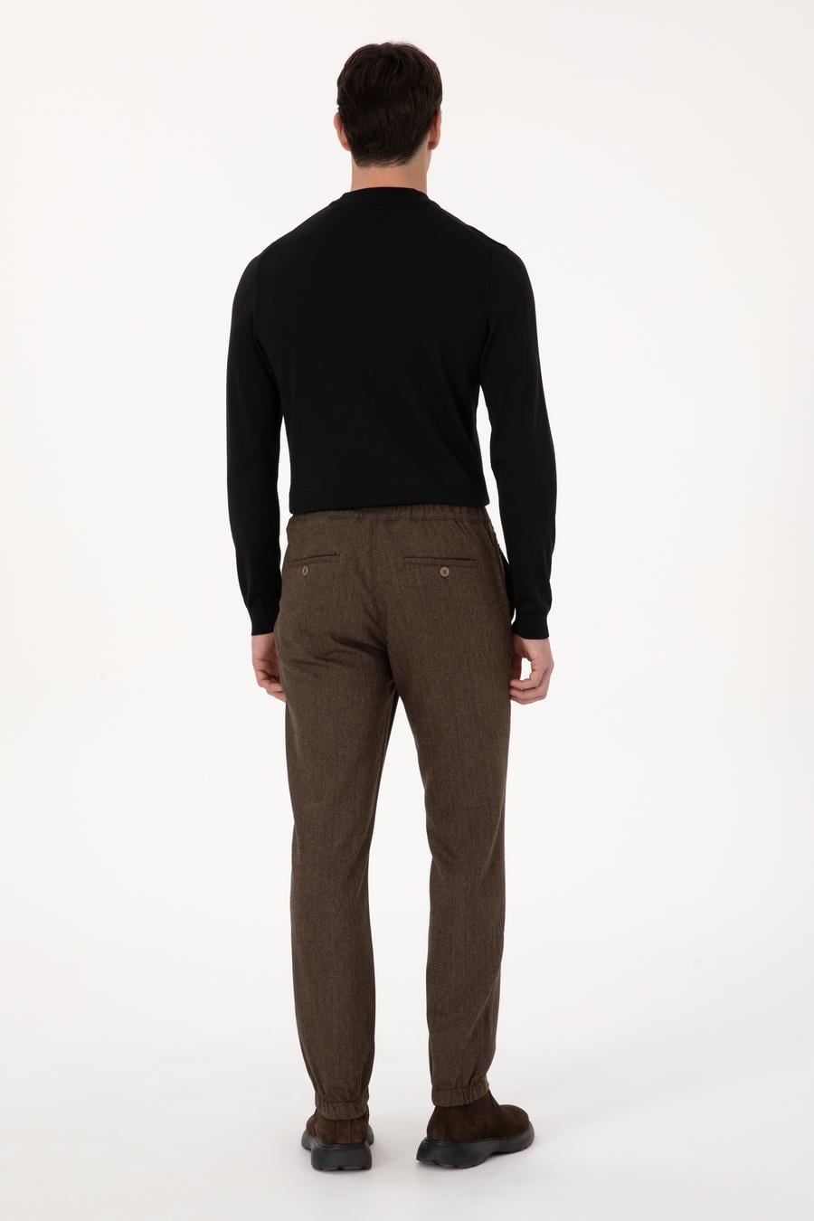 Kahverengi Jogger Fit Beli Lastikli Yün Karışımlı Balık Sırtı Kanvas Pantolon - 50308723121