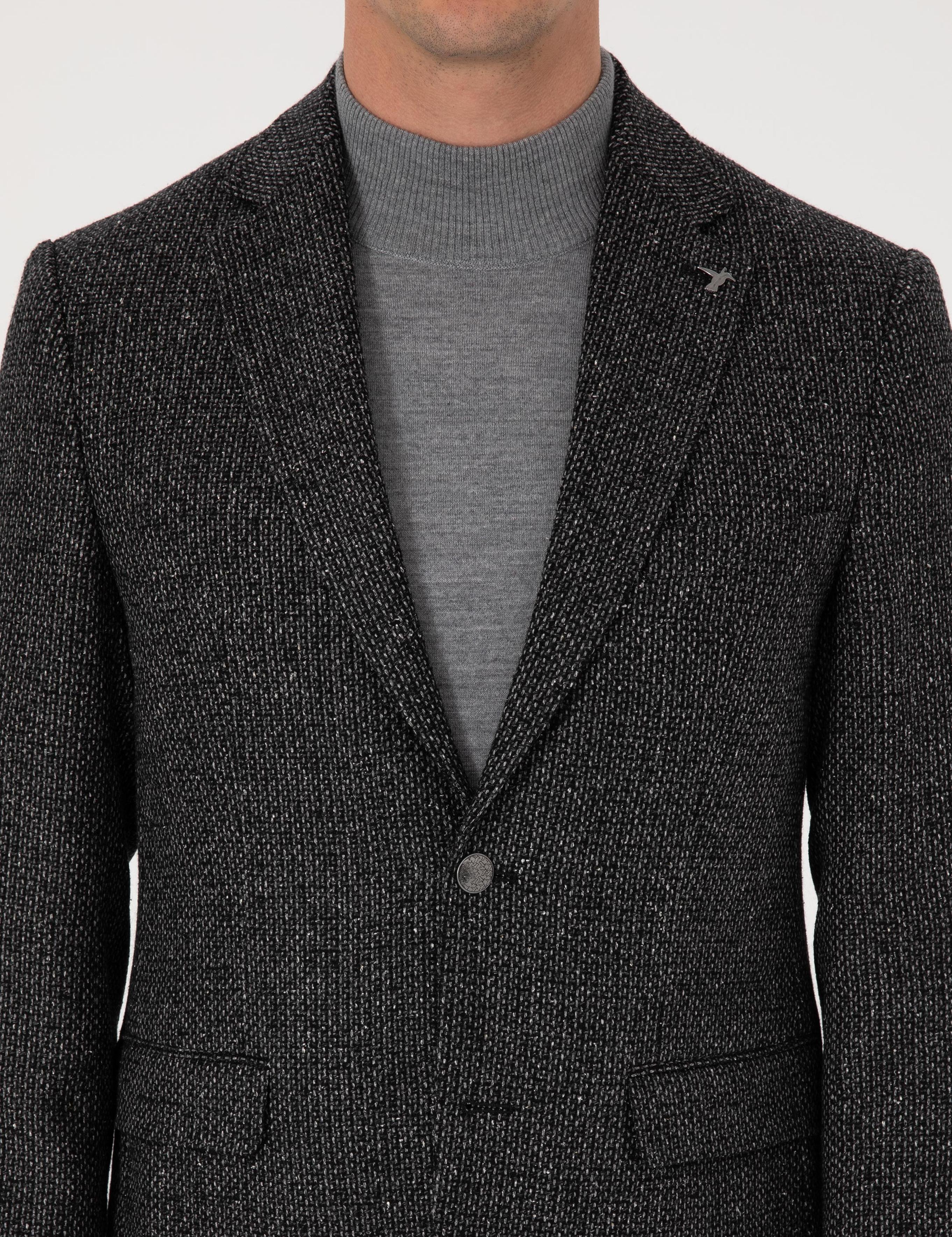Siyah Slim Fit İpek Kaşmir Karışımlı Mikro Desenli Blazer Ceket - 50310753023